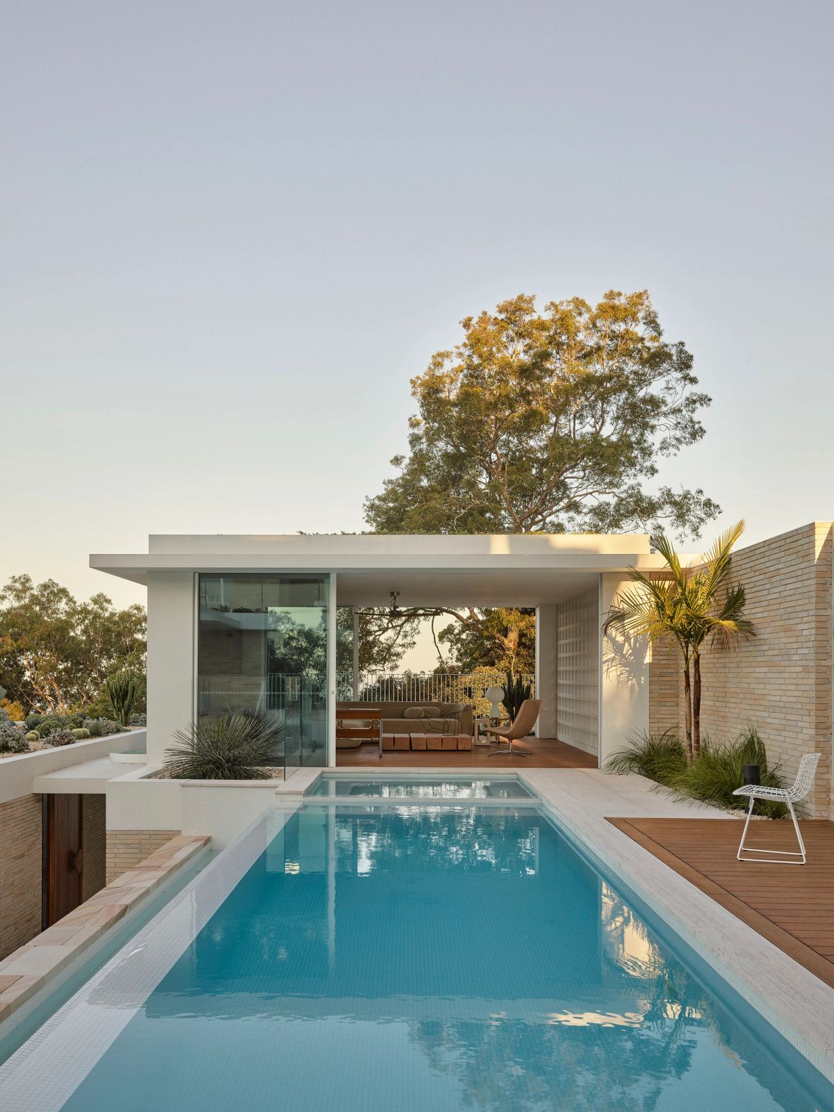 Breeze House pool terrace at dusk, looking to the pavilion and a gum tree beyond