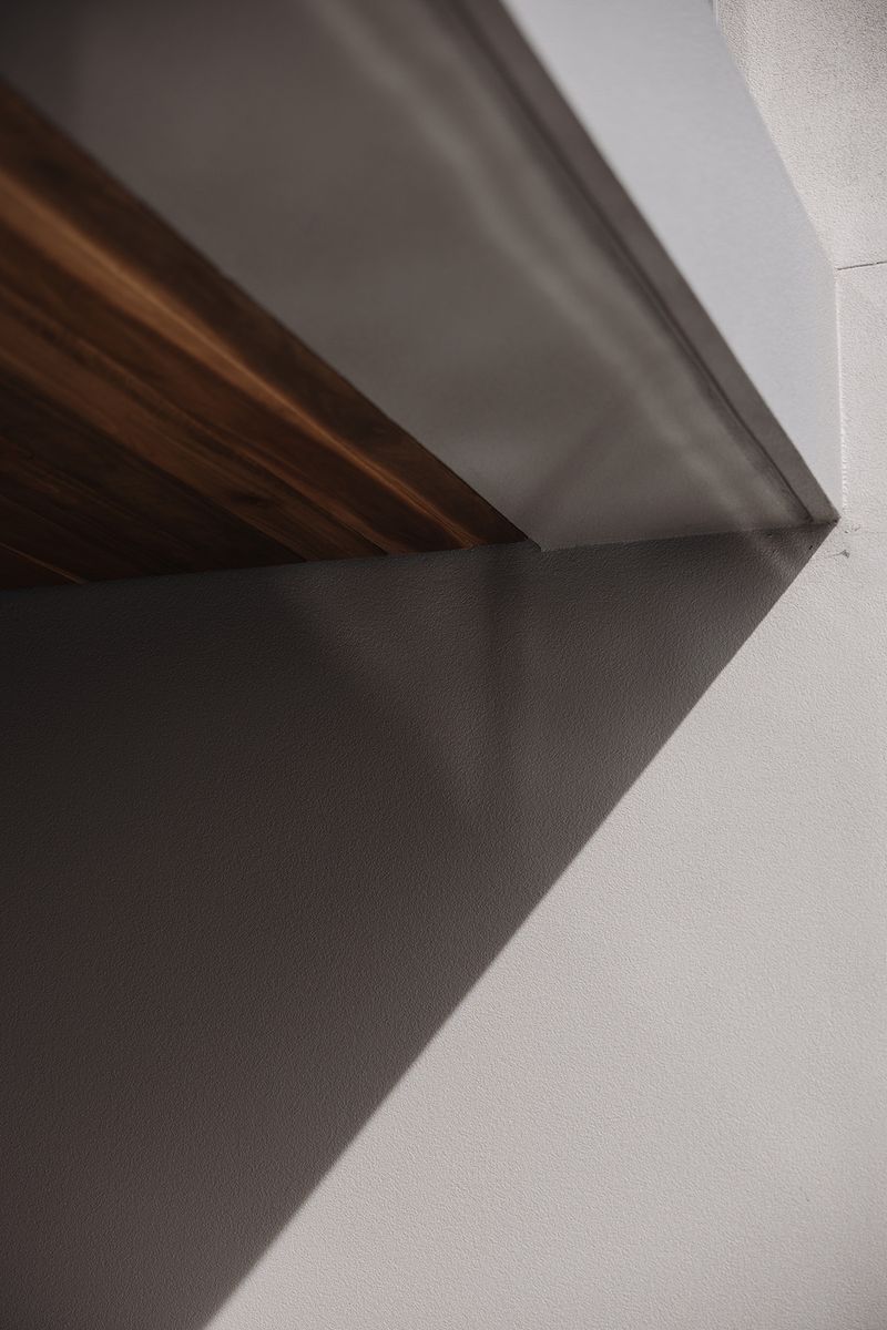 Timber and rendered ceiling detail in raking light at Shellbank