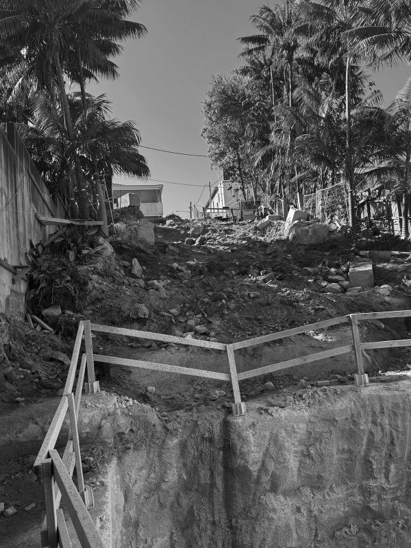 Looking up the excavated slope at Tamarama, palms either side and a timber rail across the cut