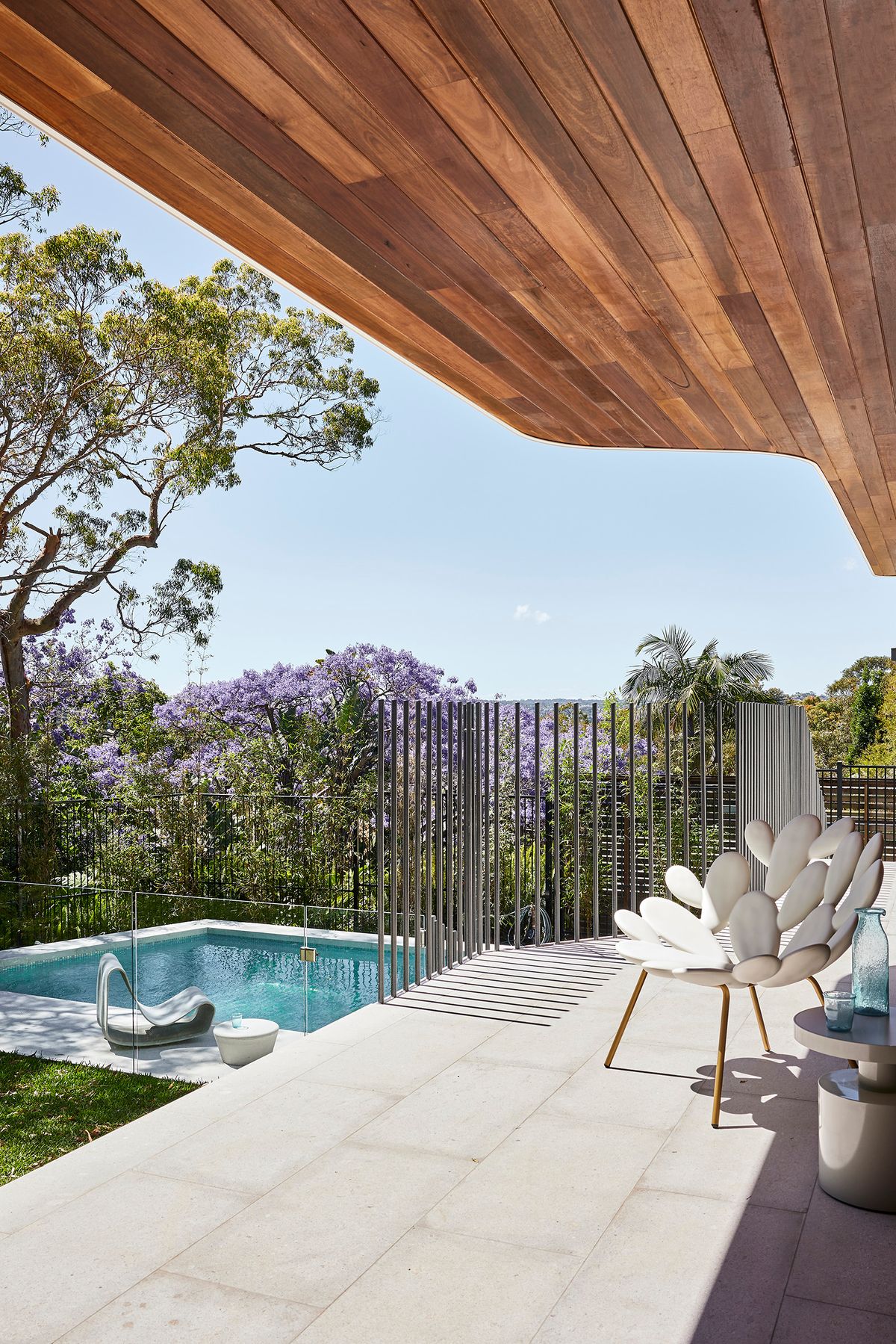 Covered terrace at Cobbittee House beside the pool, with a sculptural white chair and jacaranda in bloom