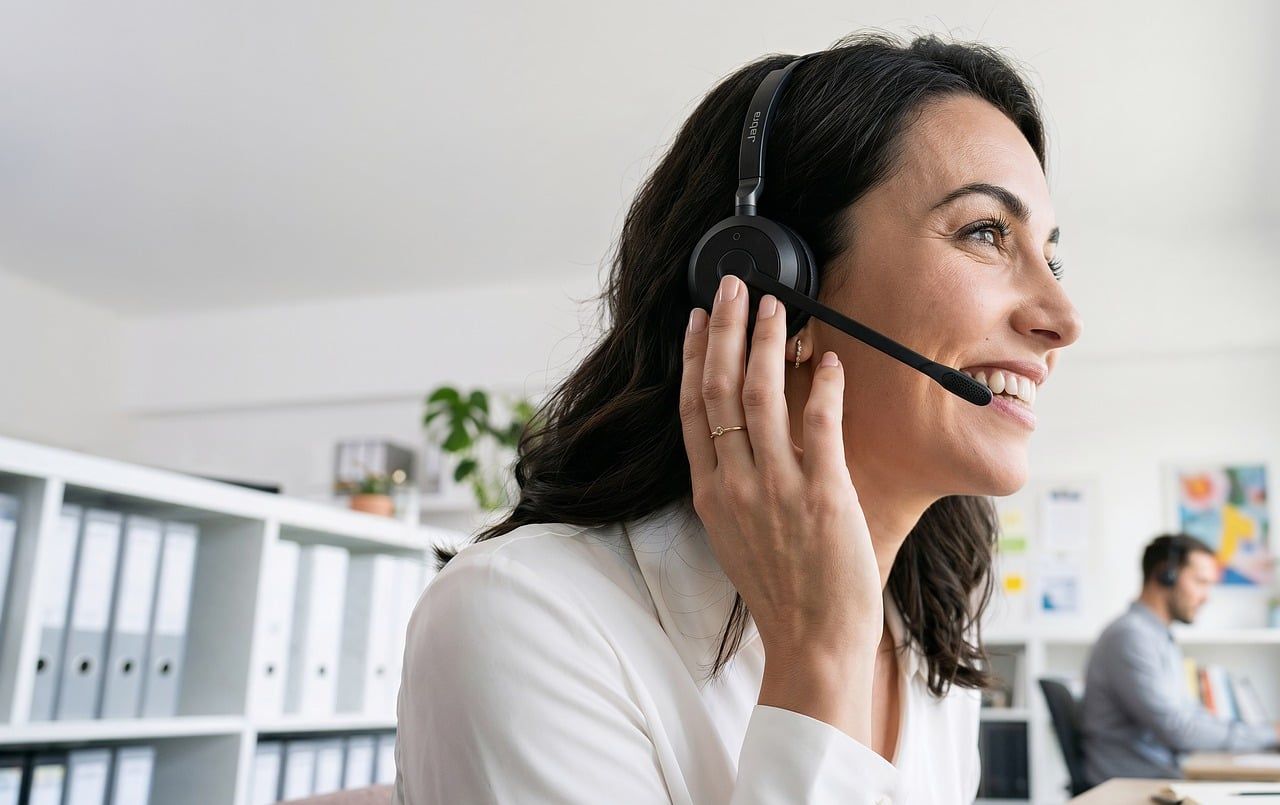Femme souriante au casque micro dans un centre d'appels, en conversation avec un client