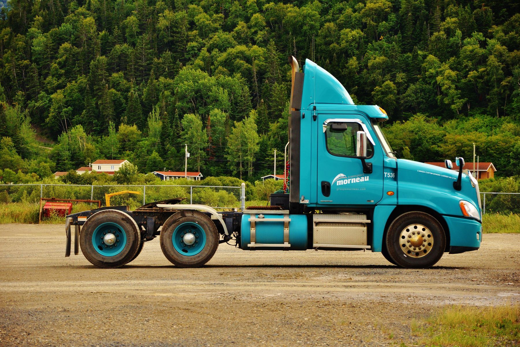 Camion bleu chargé stationné sur un chemin rural forestier