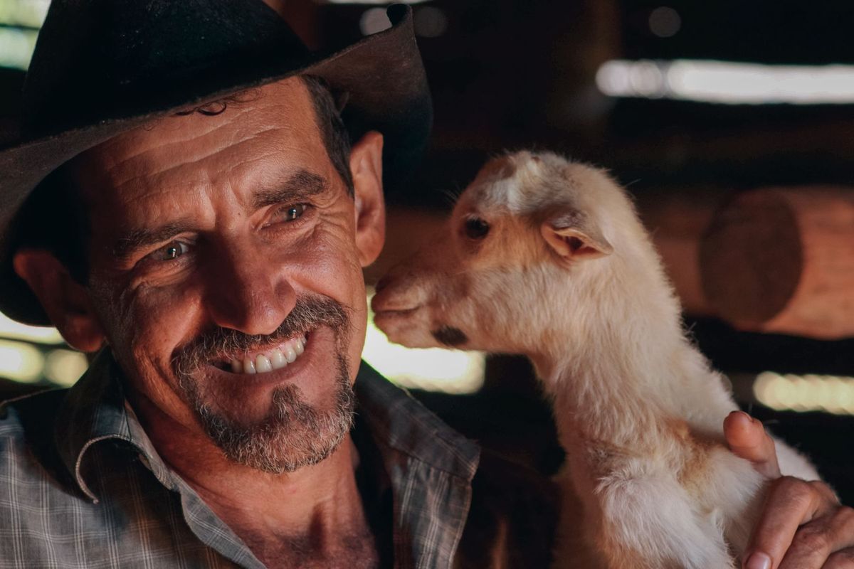 Éleveur tenant un jeune chevreau dans une grange, souriant face à l'animal