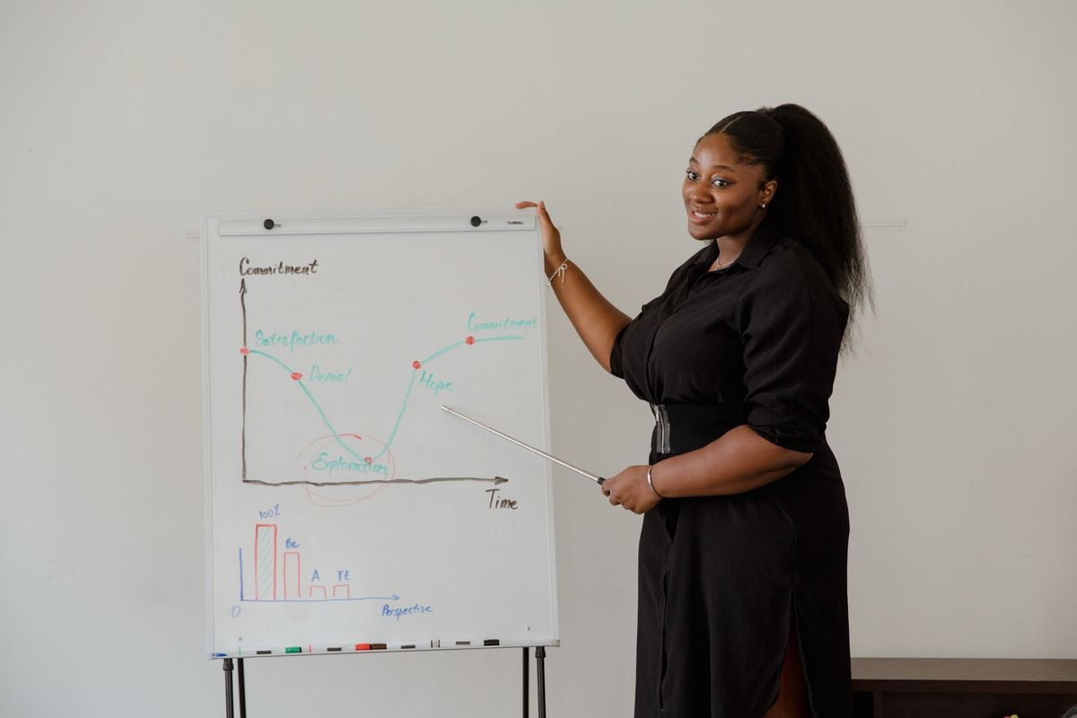 Femme présentant un graphique sur tableau blanc devant son auditoire