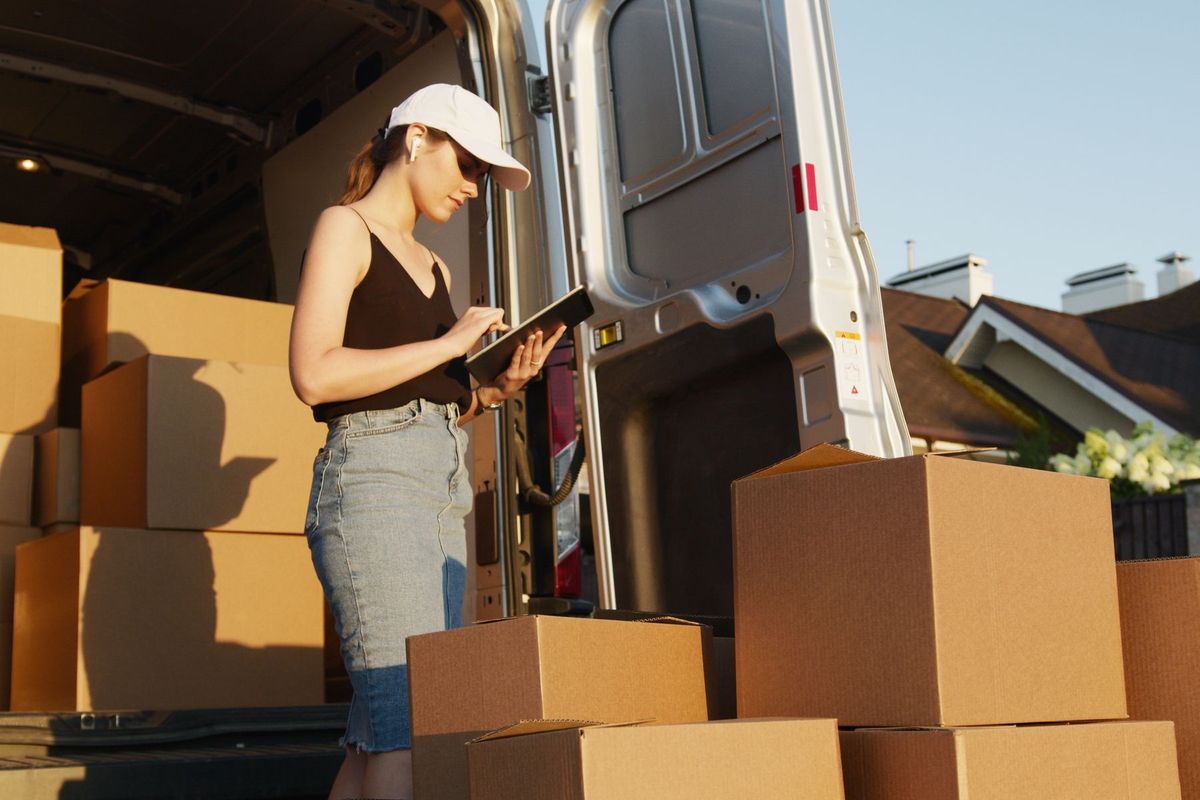 Femme consultant une tablette devant des cartons empilés et une camionnette de transport