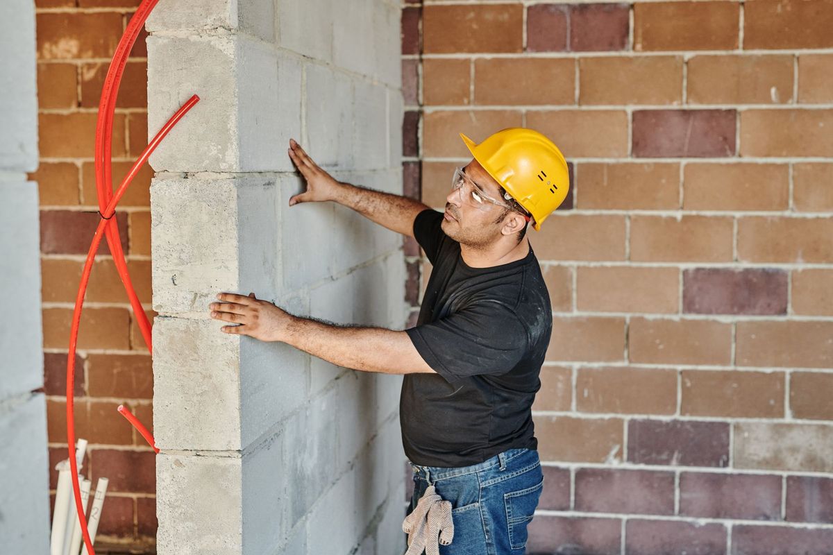 Ouvrier en casque de sécurité inspectant la maçonnerie d'un mur intérieur sur un chantier