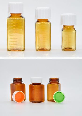 images de flacons de méthadone carrés ambrés de 30 ml, 60 ml et 100 ml avec col de 22 mm et de flacons de 100 ml avec col de 32 mm