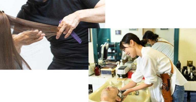 シャンプーやカット時に右に傾いた姿勢の美容師