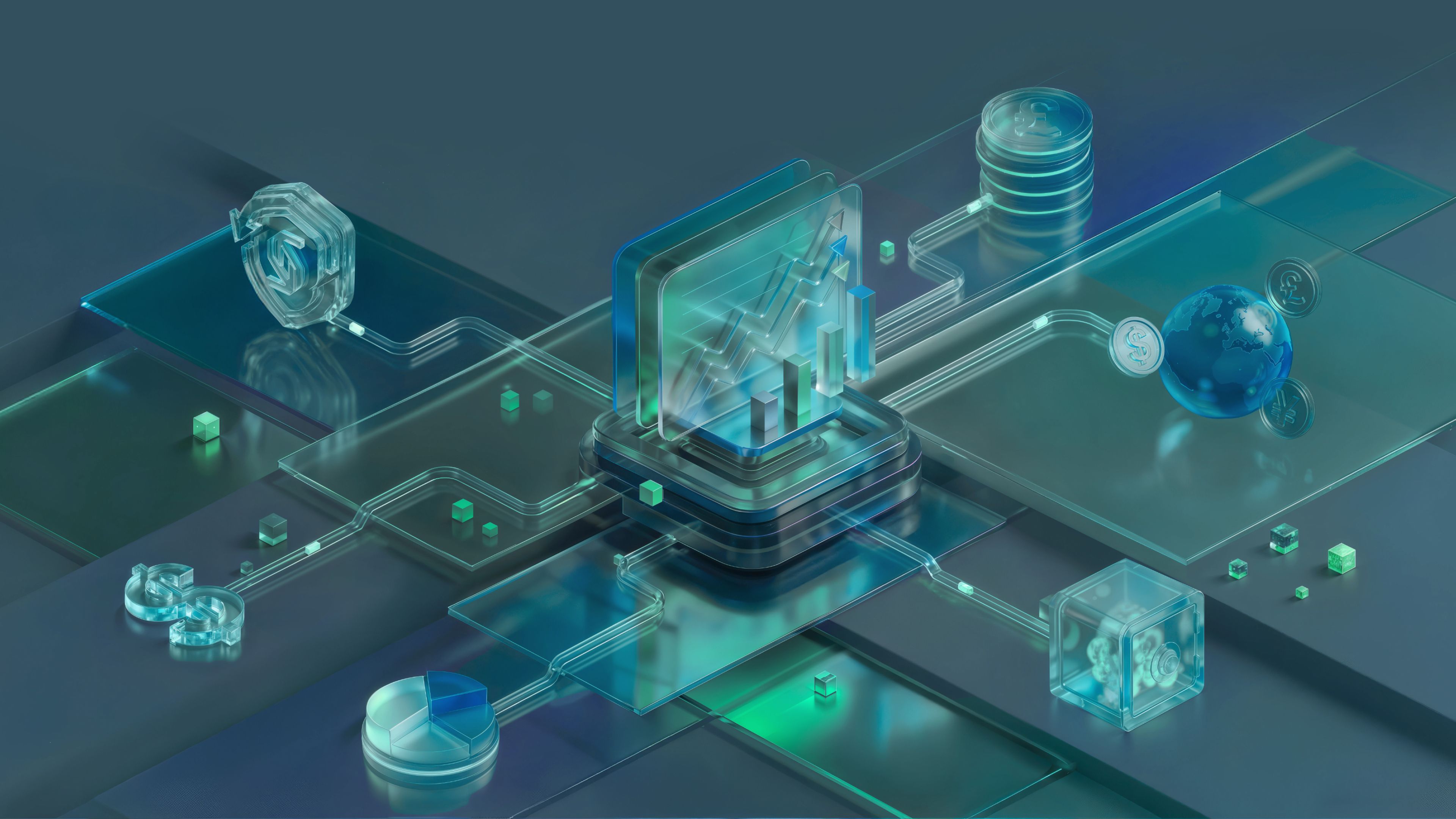 Crystalline isometric 3D scene of Shuttle's financial machinery: glass slabs, coins, a globe and growth charts wired together.