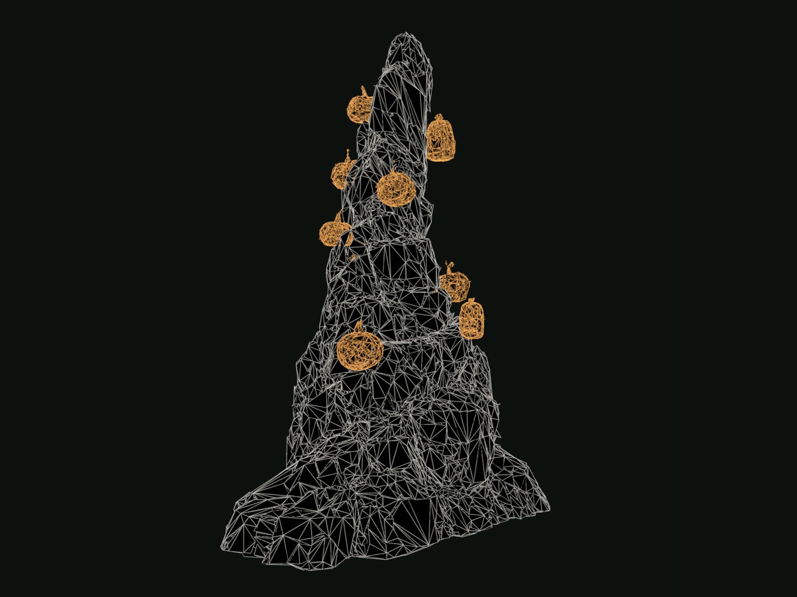 The rock spire as a white wireframe, with the nine lanterns in orange