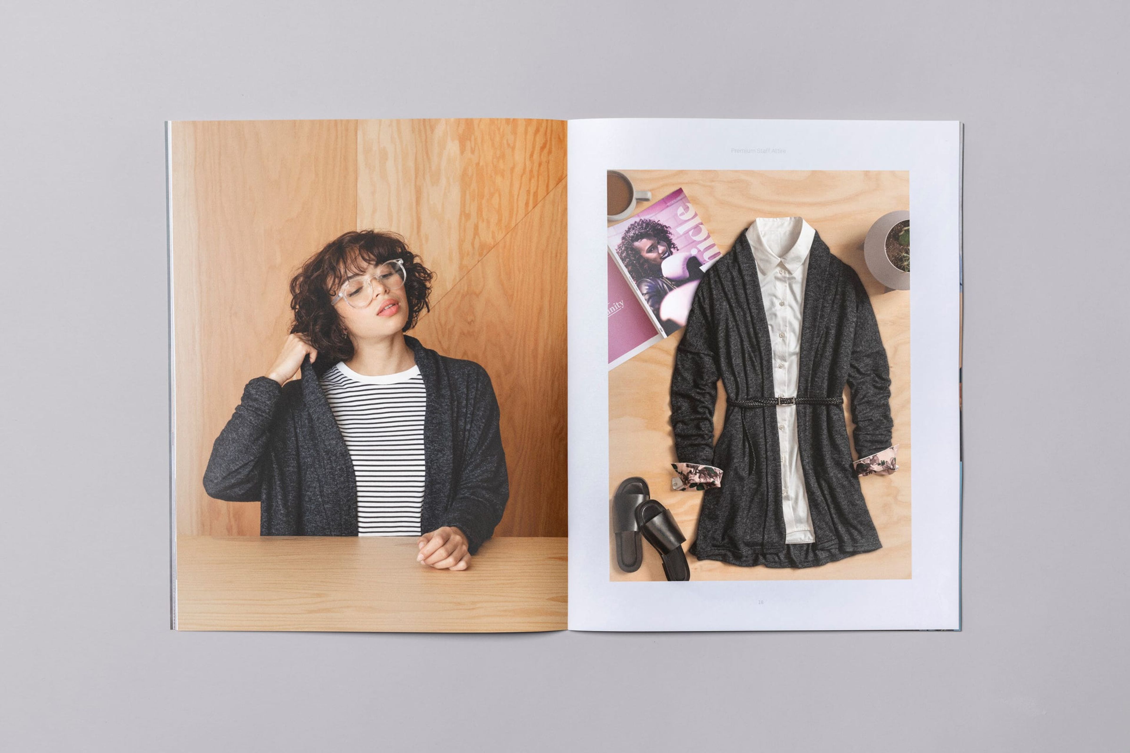 Lookbook spread: portrait of a woman beside a flat lay of her outfit