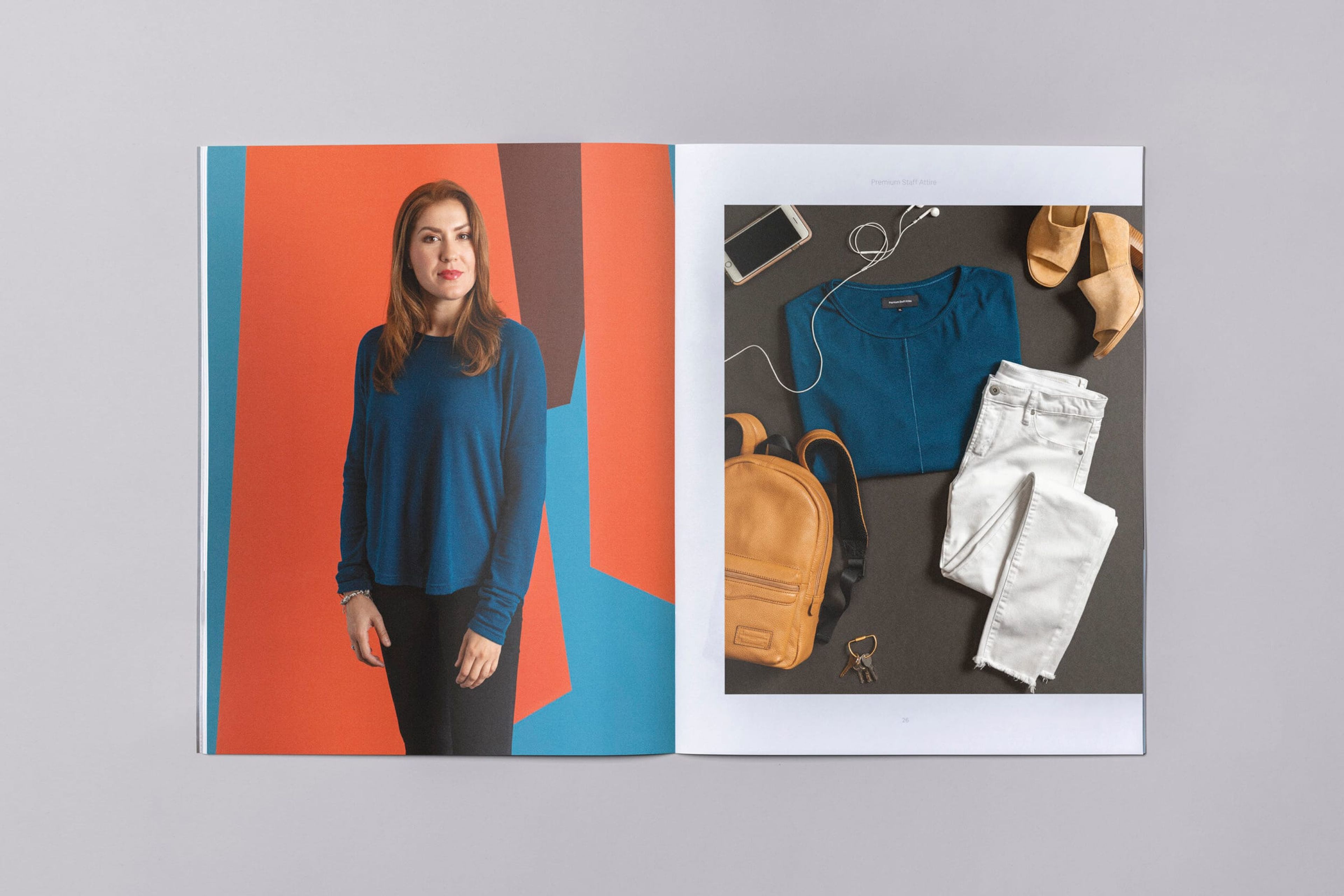 Lookbook spread: woman in a blue top beside a flat lay of her outfit