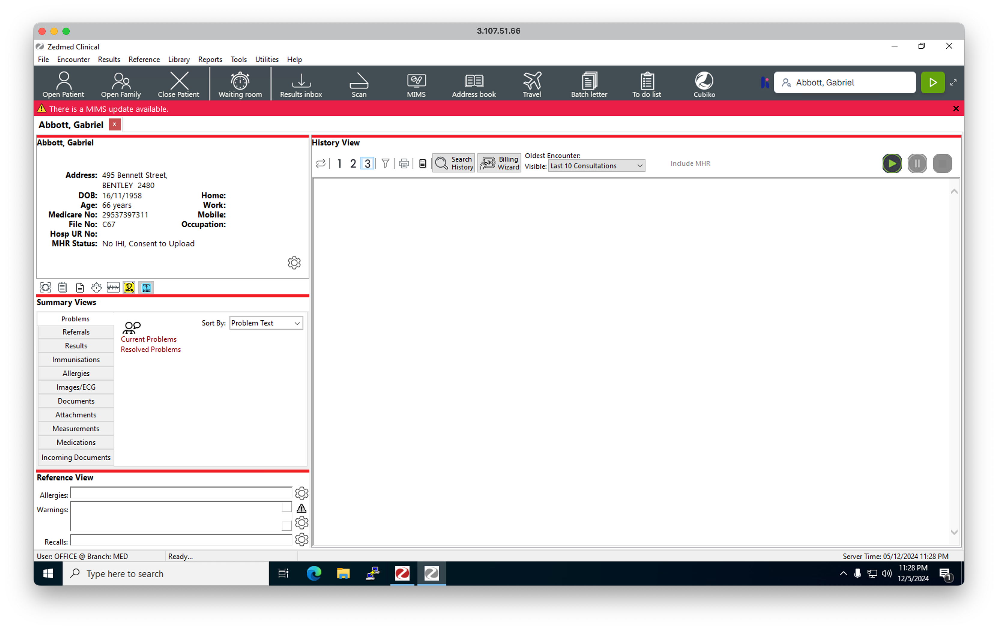 Zedmed Clinical electronic medical record software interface displaying patient details, summary views, and a blank history section.