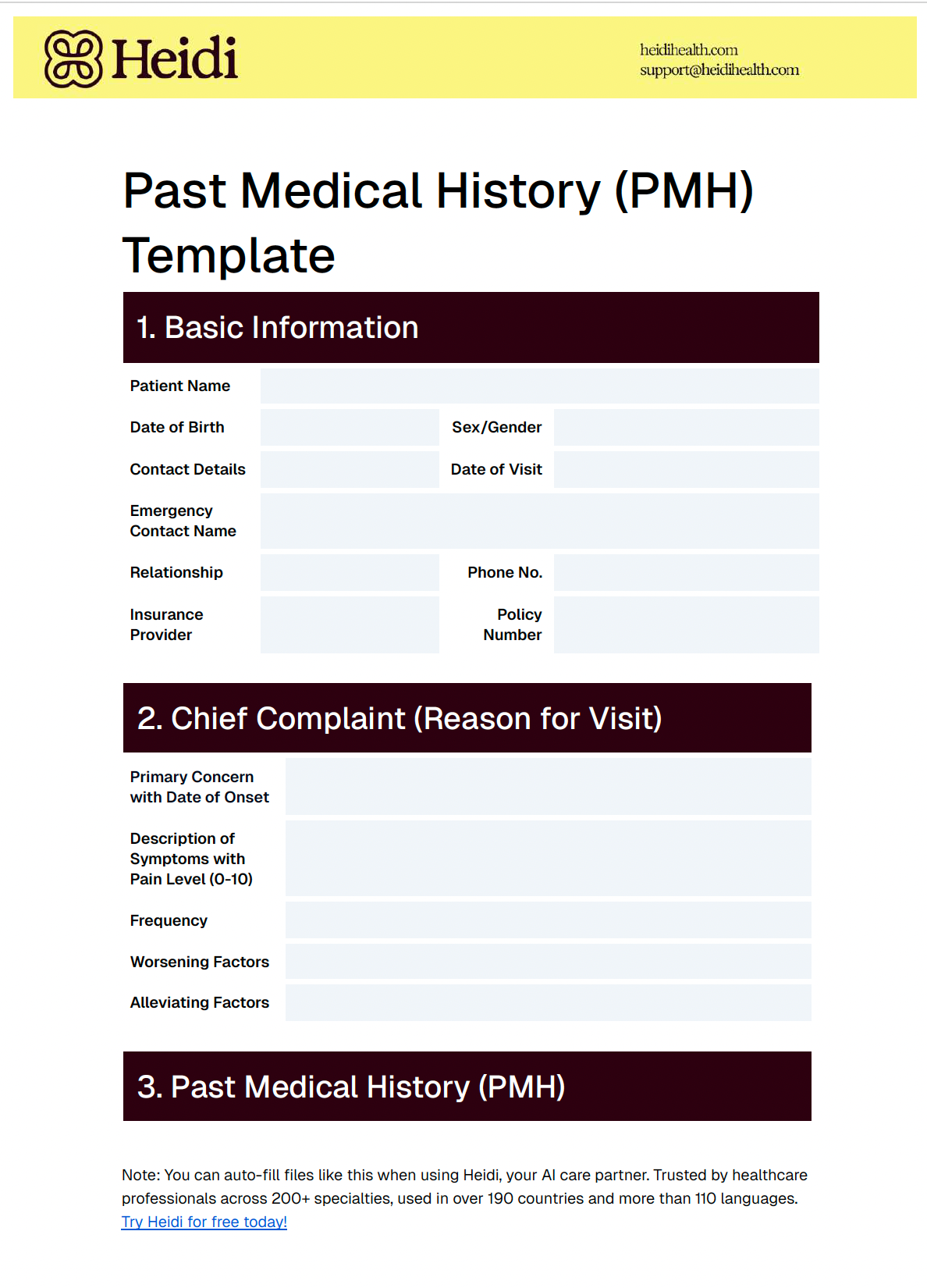 A medical form titled "Past Medical History (PMH) Template" by Heidi, with sections for Basic Information, Chief Complaint, and Past Medical History.