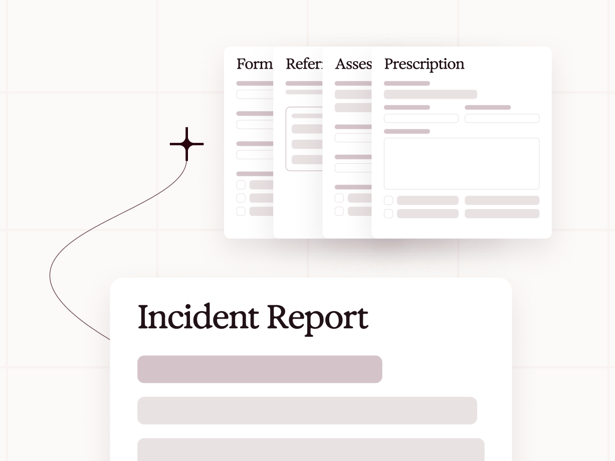 Digital forms for incident reporting, referrals, assessments, and prescriptions, linked by a line.