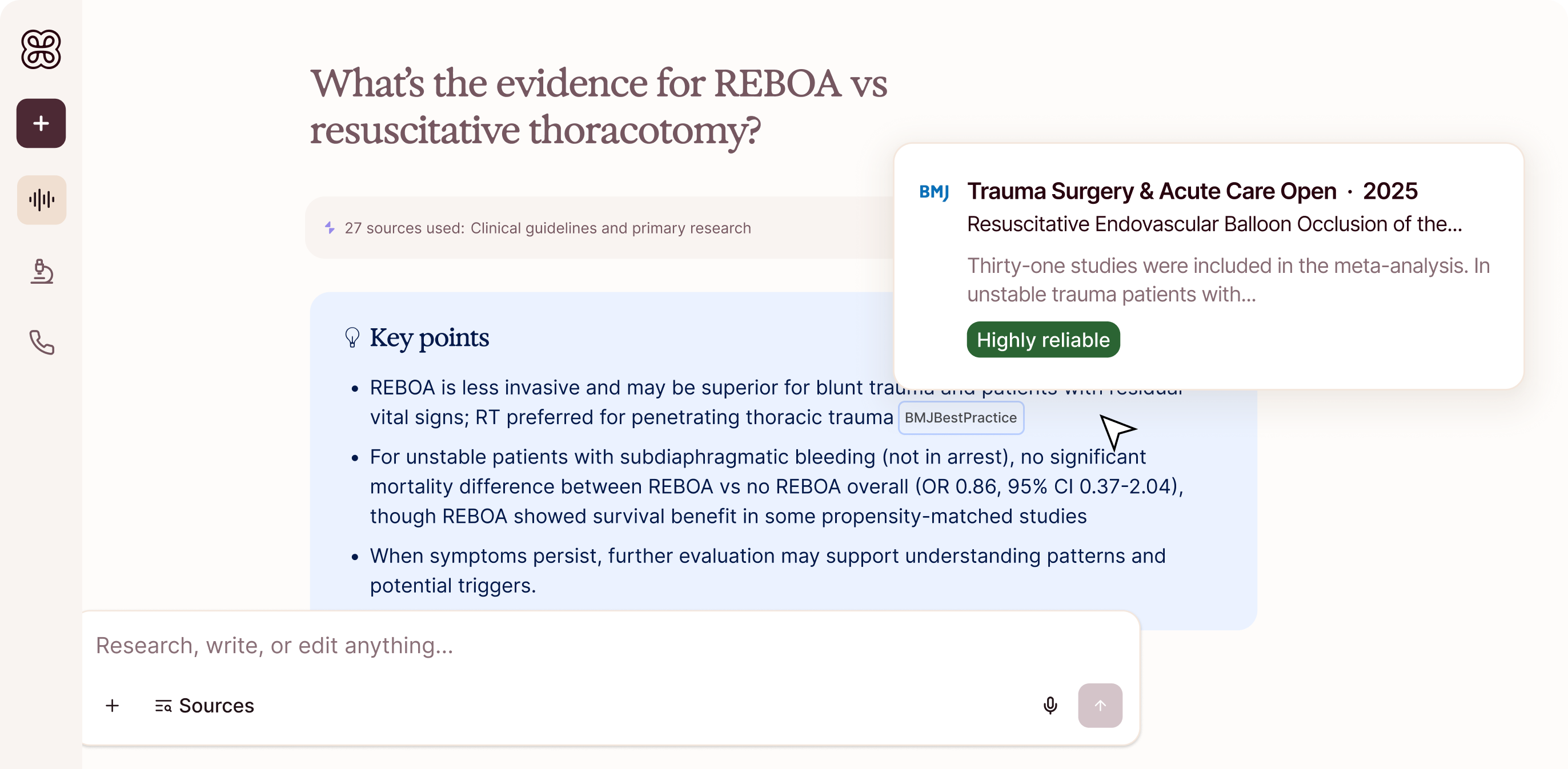 A product interface of Evidence in action, producing independent and unlimited clinical evidence by citing sources and deriving insights from medical journals and localised clinician guidelines.