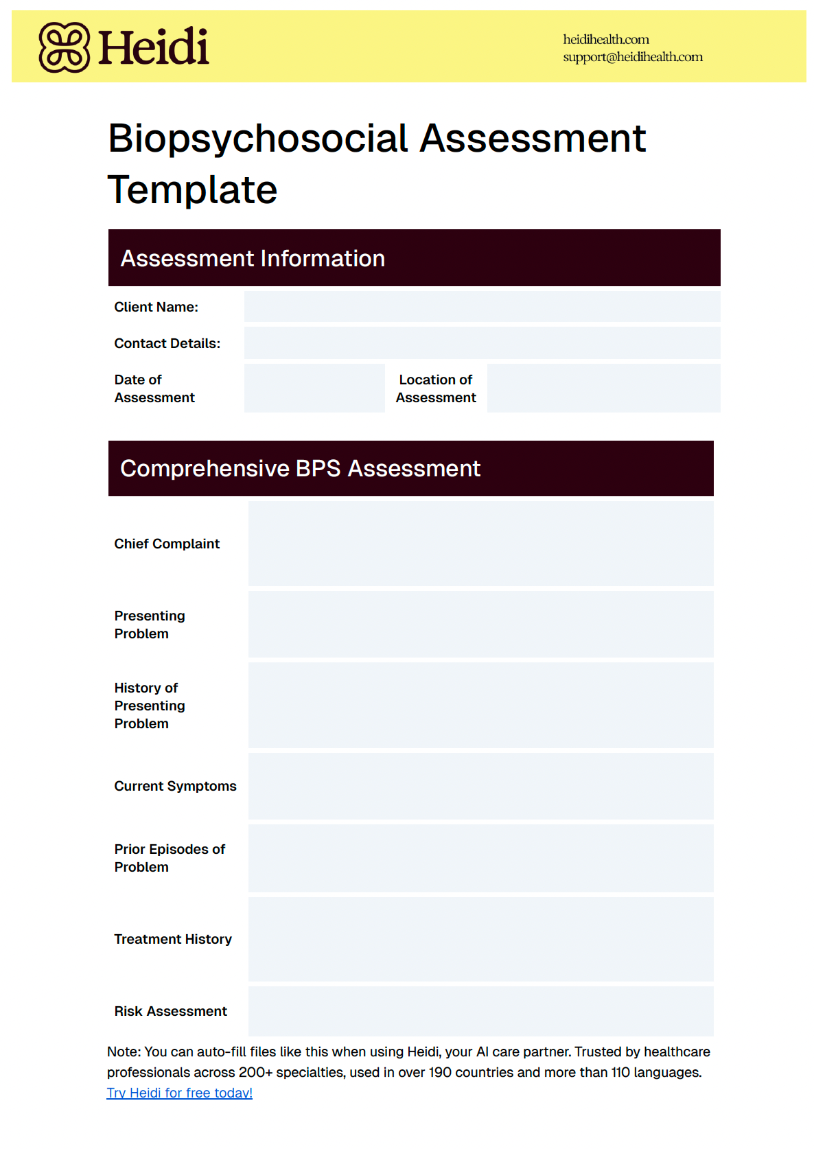 Heidi Health Biopsychosocial Assessment Template form.
