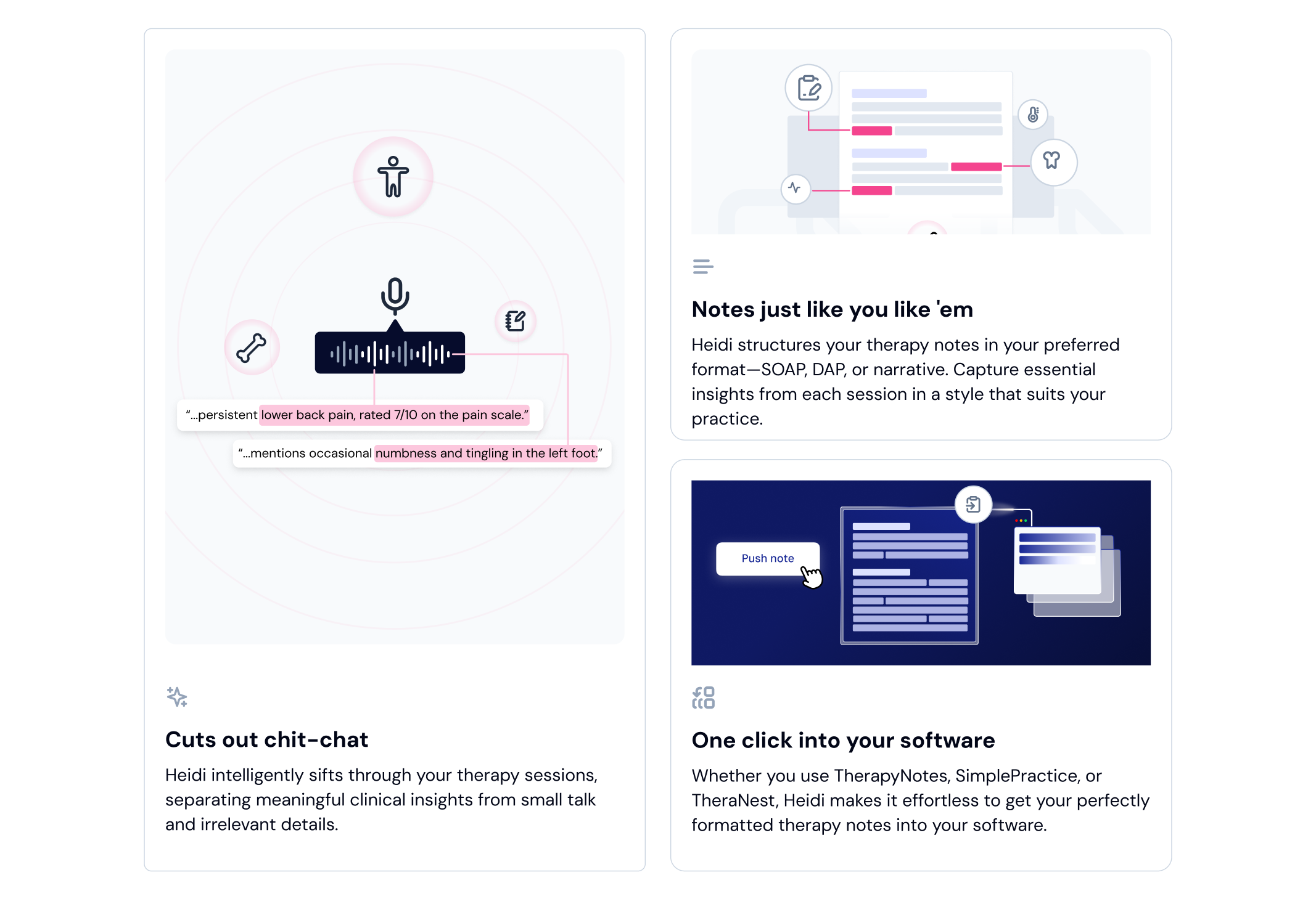 Visual representation of AI medical scribe benefits, including clinical insight extraction, note formatting, and EHR integration.
