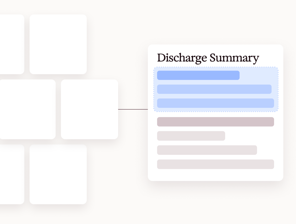 Diagram showing blank modules connected to a 'Discharge Summary' document with stylized text.