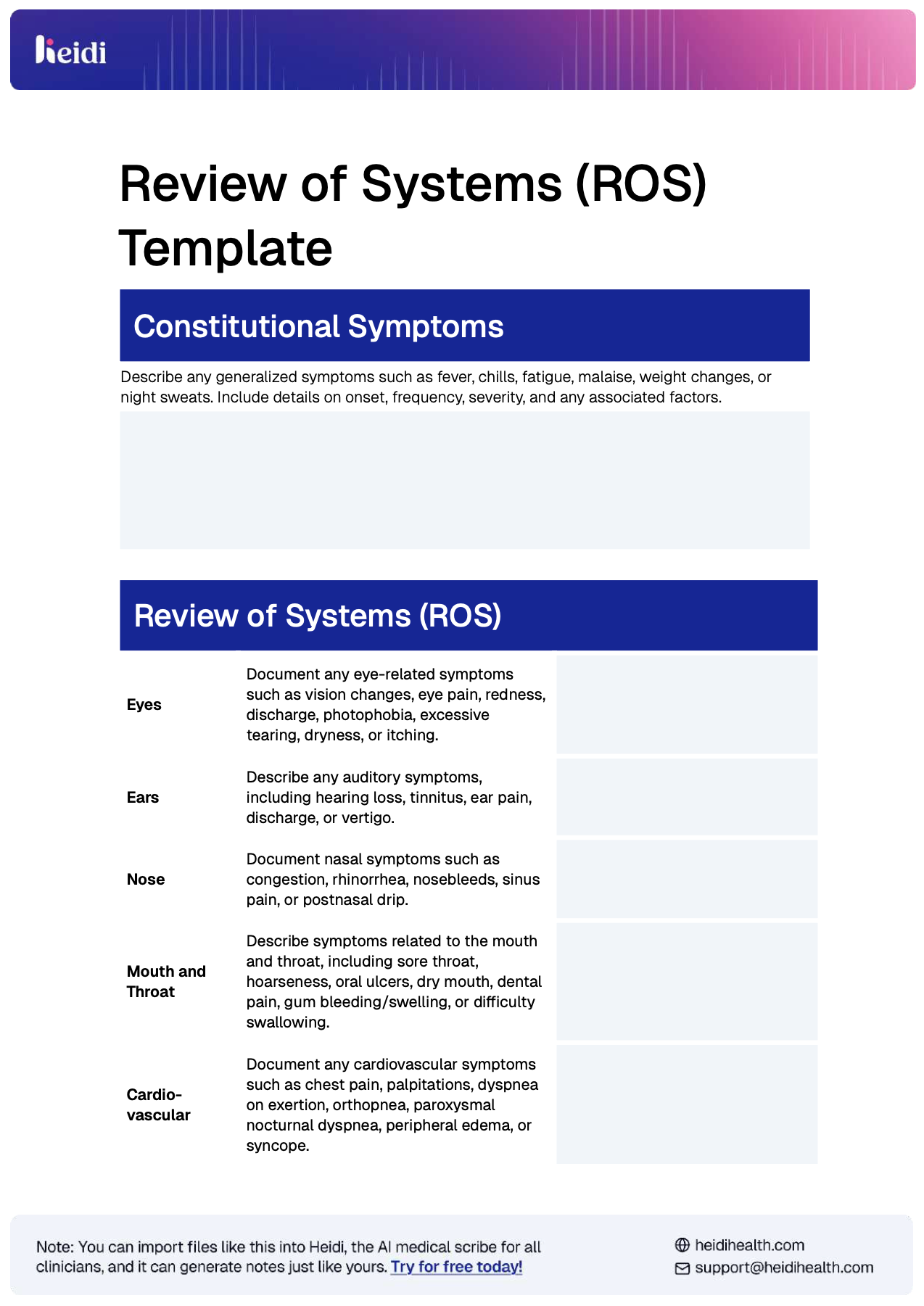 Review of Systems Template with Examples by Heidi Health