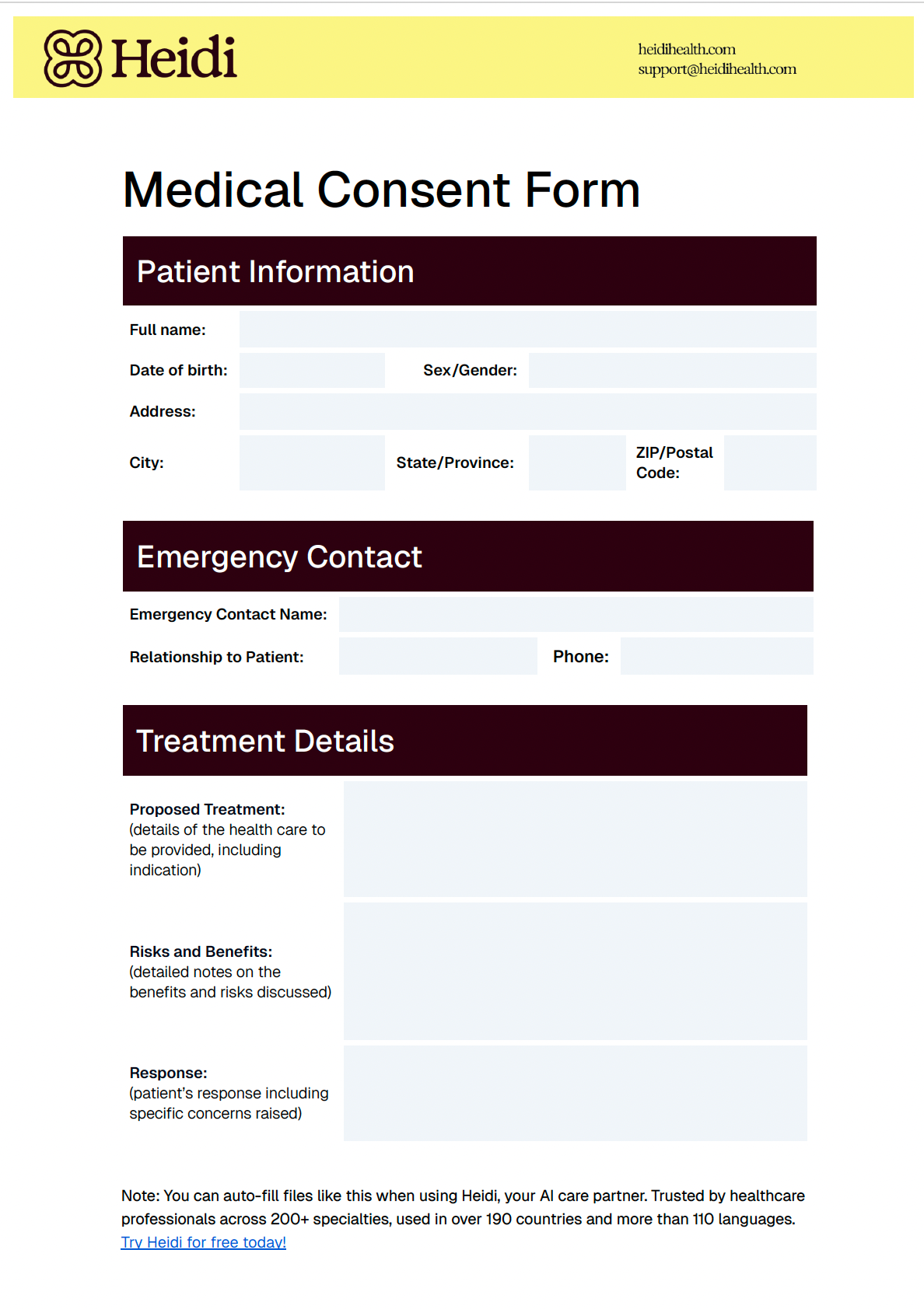 A medical consent form from Heidi, with sections for patient information, emergency contact, and treatment details.