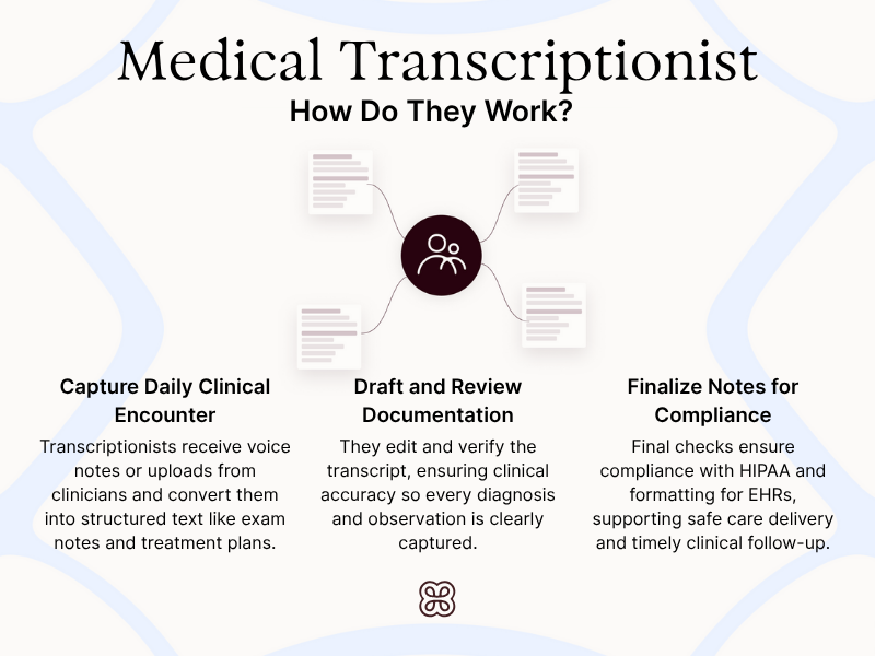 Diagram showing how medical transcriptionists convert voice notes into compliant medical documentation in three steps.