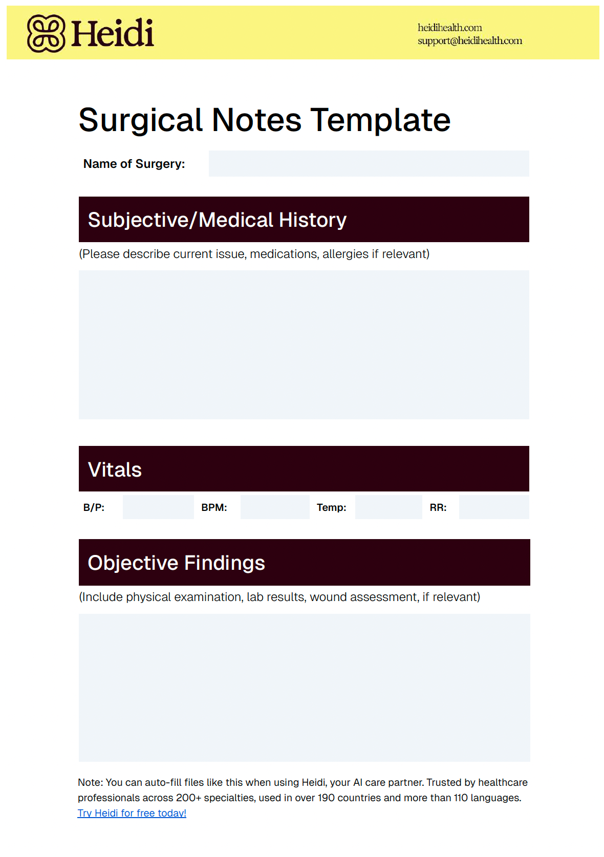Heidi's Surgical Notes Template with sections for Medical History, Vitals, and Objective Findings.