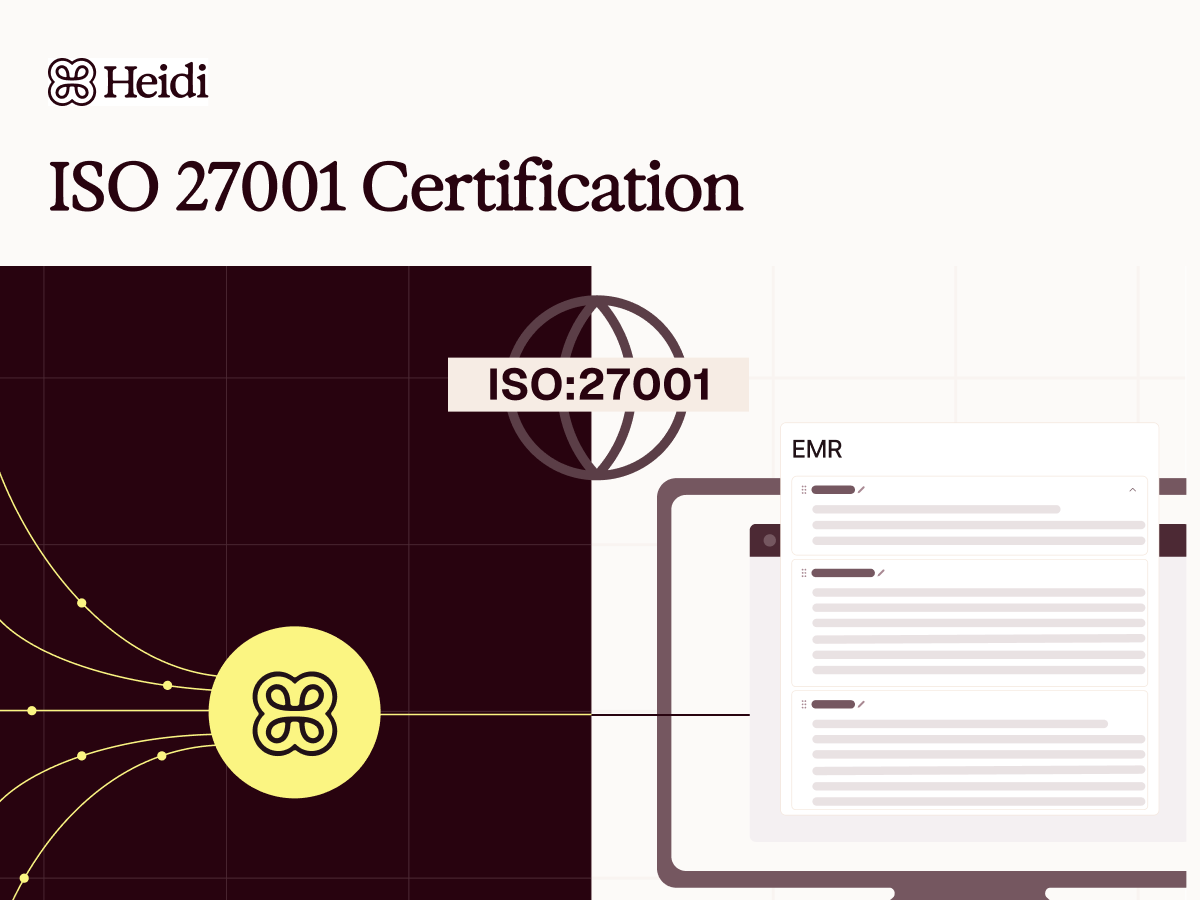 Heidi ISO 27001 Certification graphic, showing data flow to a computer displaying an EMR document.