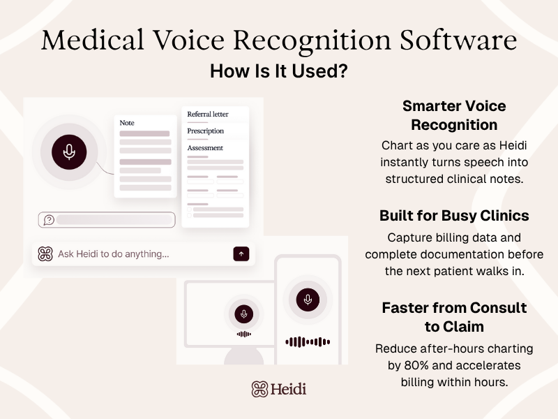 Heidi medical voice recognition software converting speech to clinical notes with benefits like smarter recognition, improved efficiency, and faster billing.