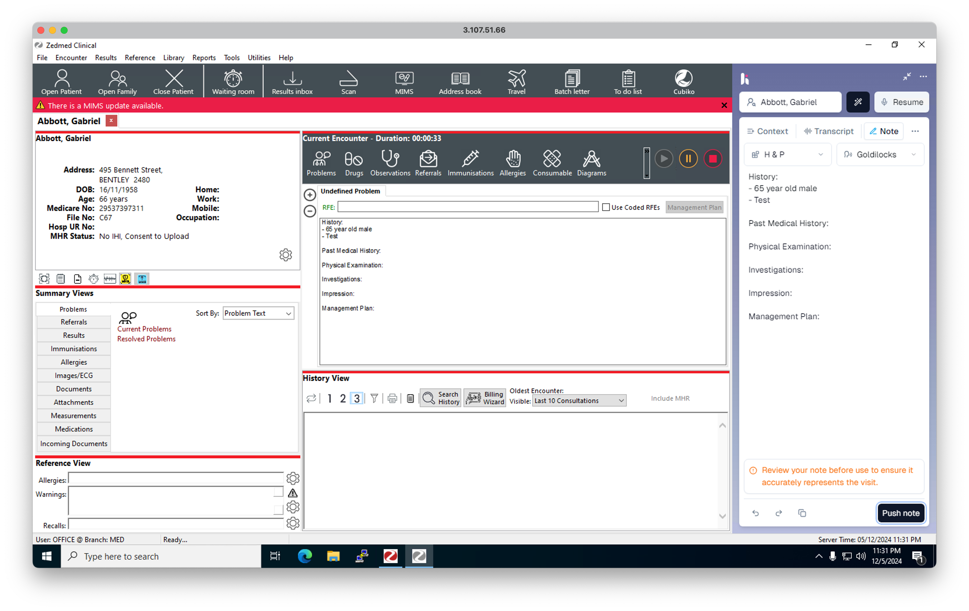 The Zedmed interface displays a patient's health record, including encounter details, summary views, and a side panel for H&P notes.