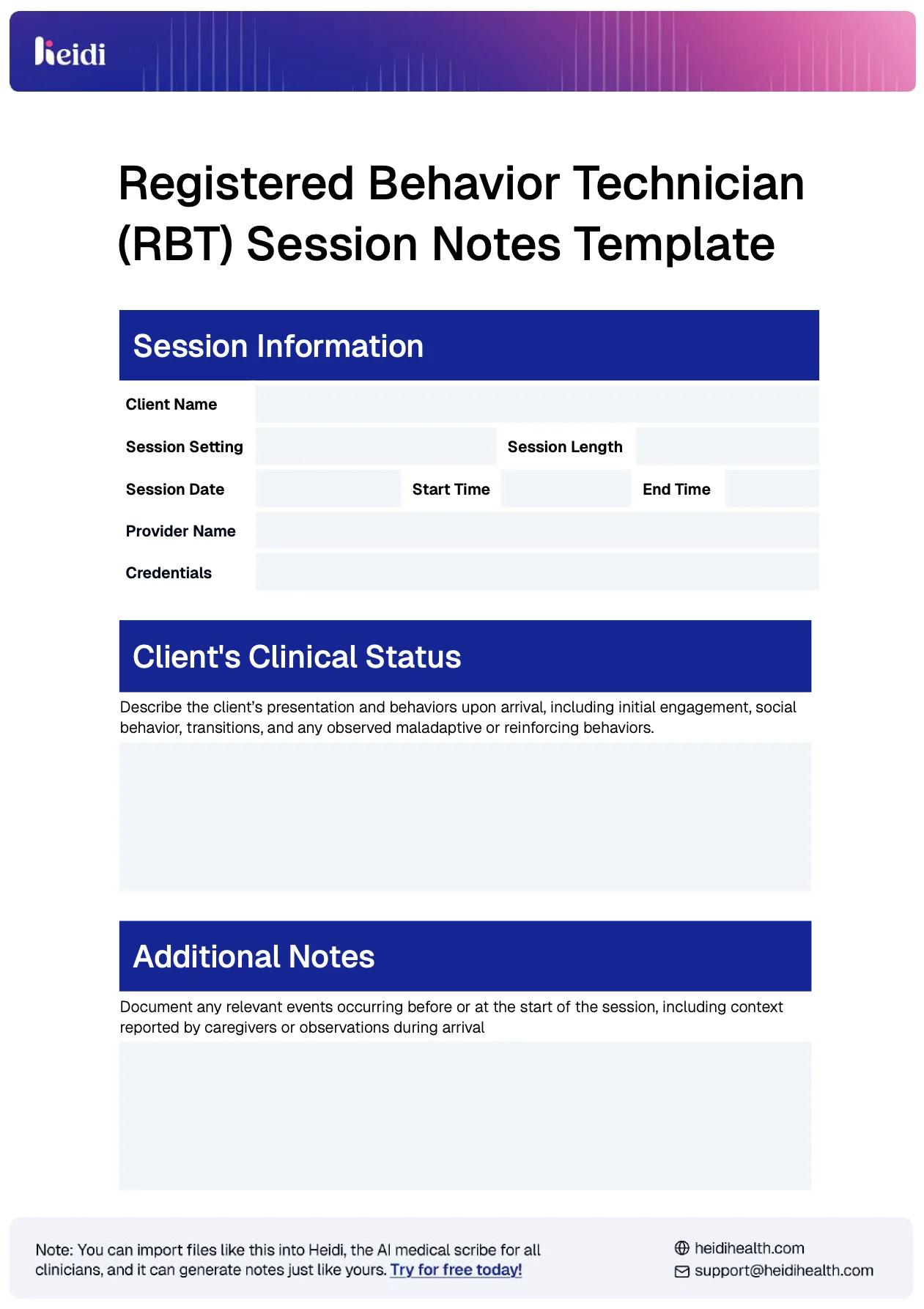 RBT Session Notes Template Example