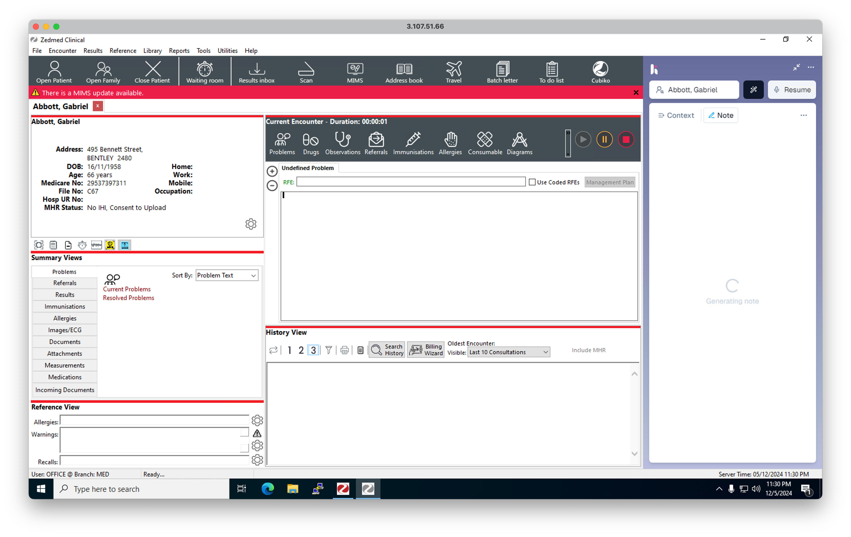 Zedmed system displaying a patient's record, including demographics, medical history, and encounter details.