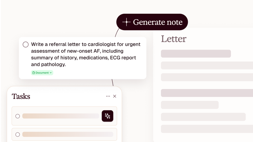 A user interface for AI-assisted note generation, showing a prompt for a medical referral letter and a 'Generate note' button.