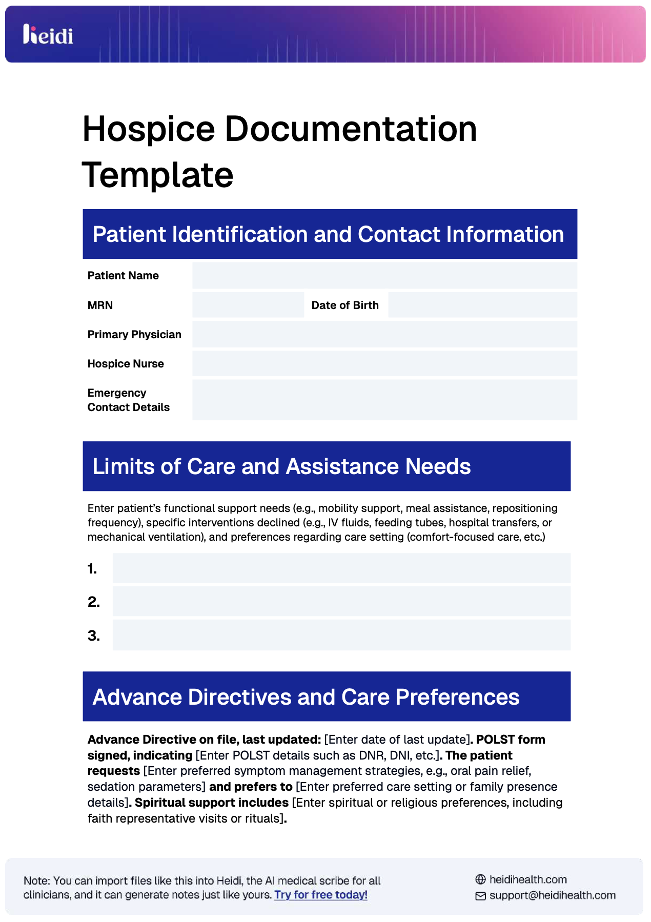 Hospice Documentation Template by Heidi Health