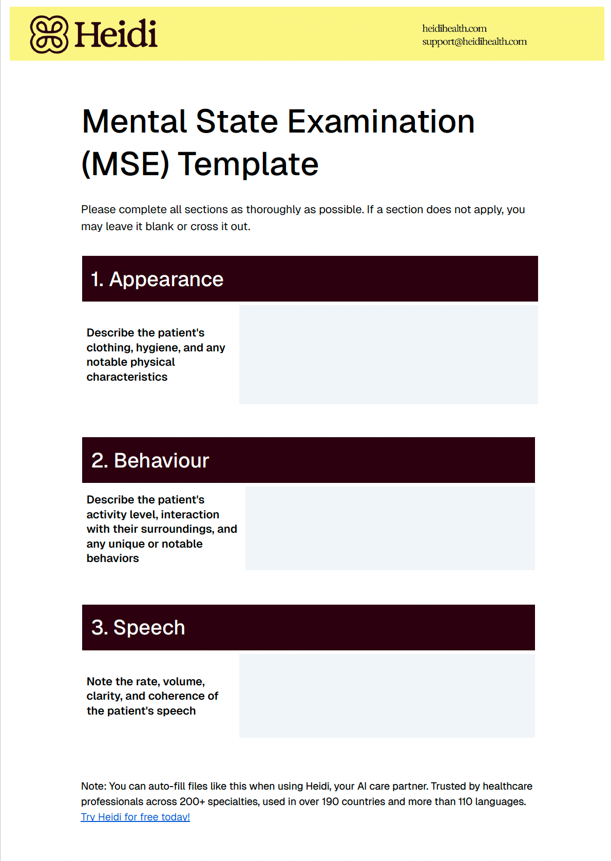Mental state examination (MSE) template