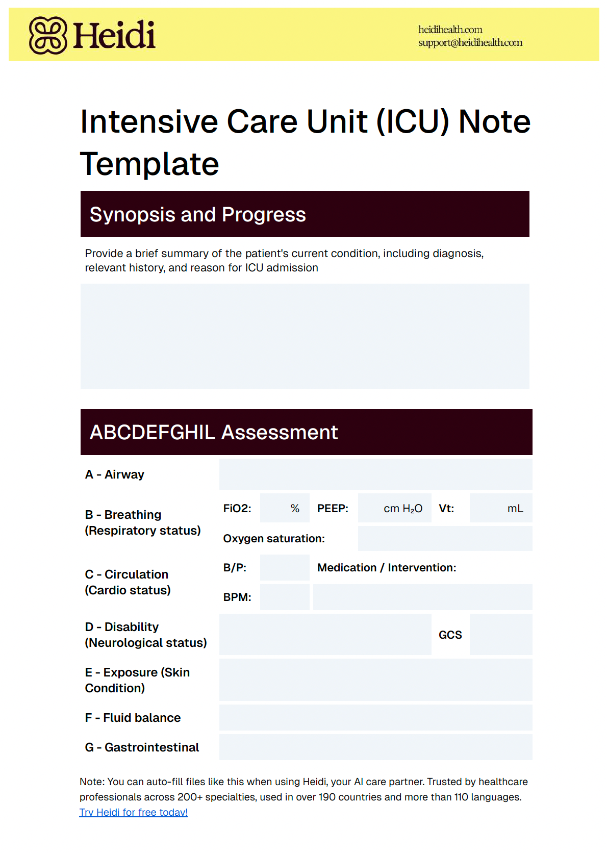 An Intensive Care Unit (ICU) note template from Heidi, featuring sections for patient synopsis and an ABCDEFGHIL assessment with fields for medical data.