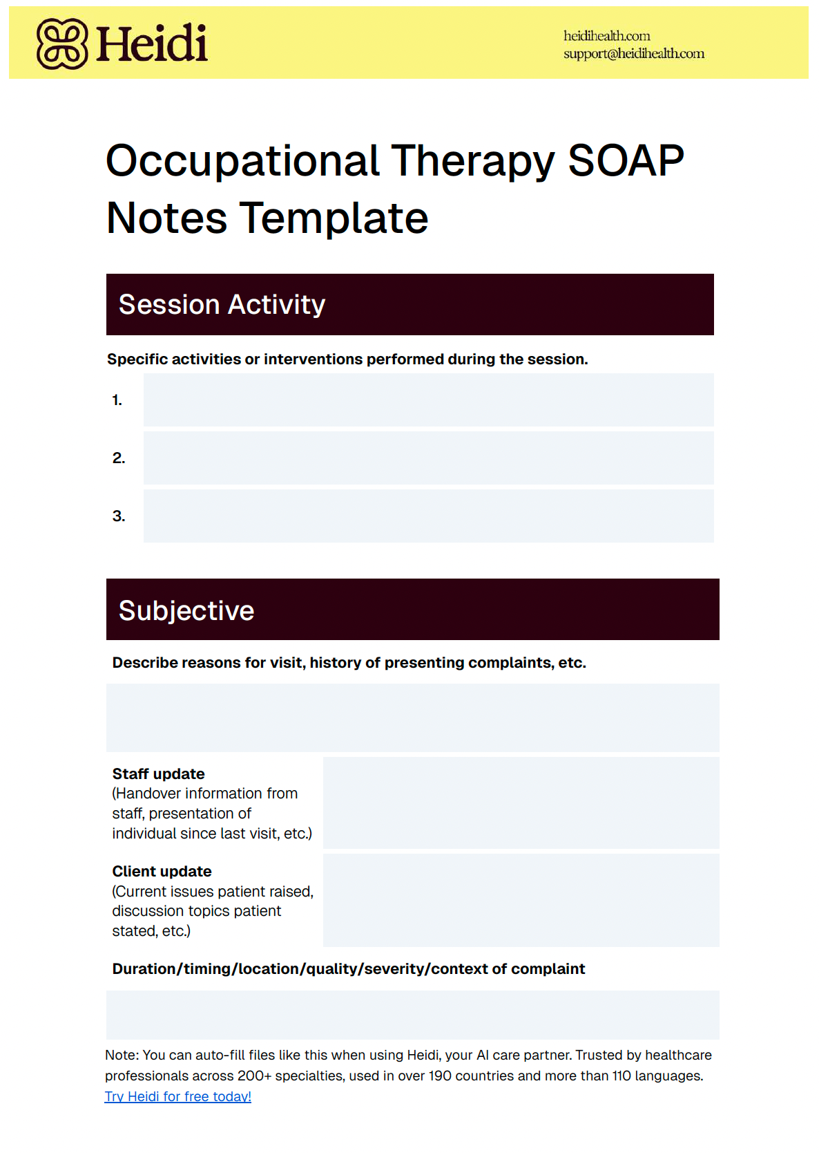 Heidi Occupational Therapy SOAP Notes Template with sections for session activity and subjective information.