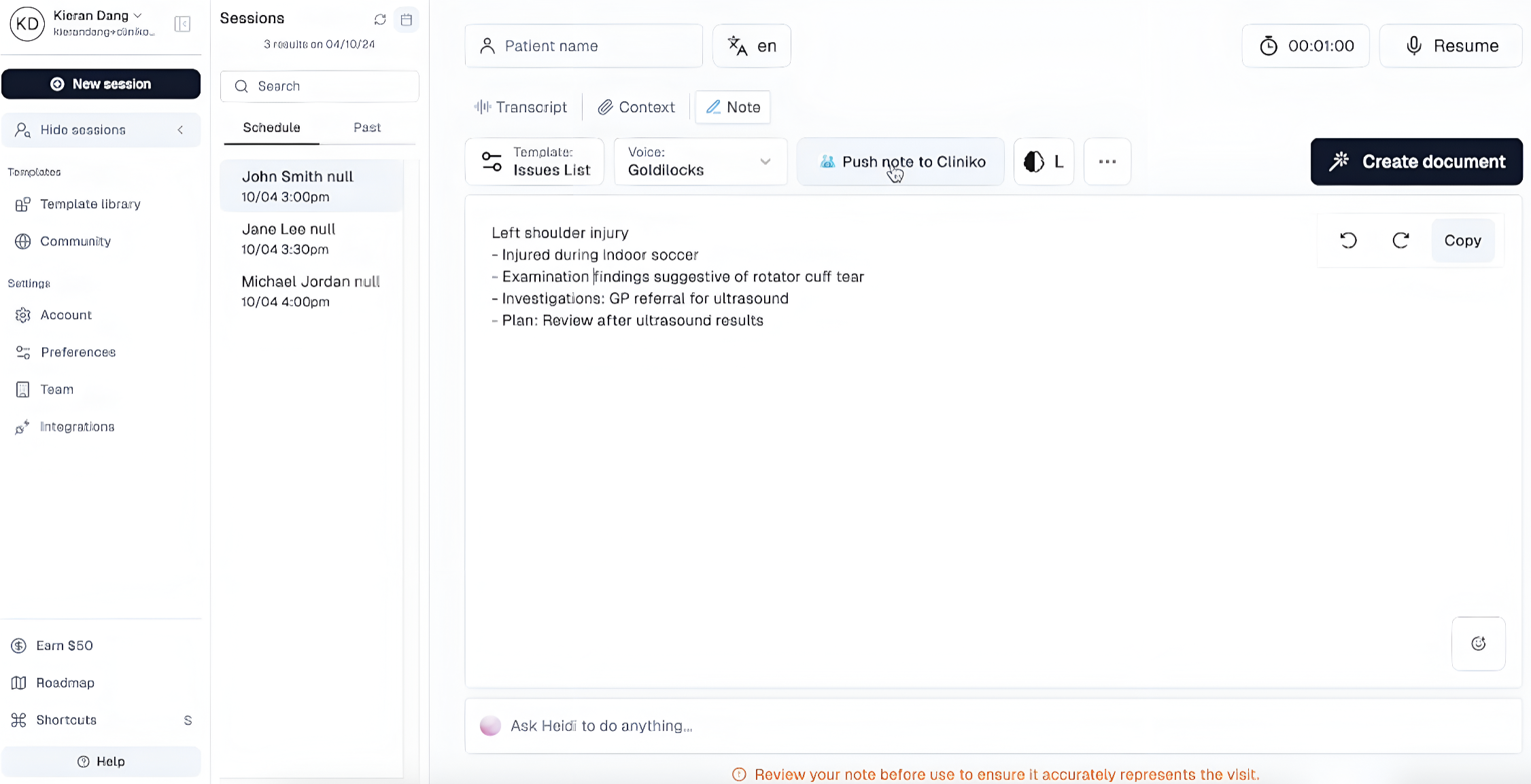 what the heidi and cliniko integration looks like