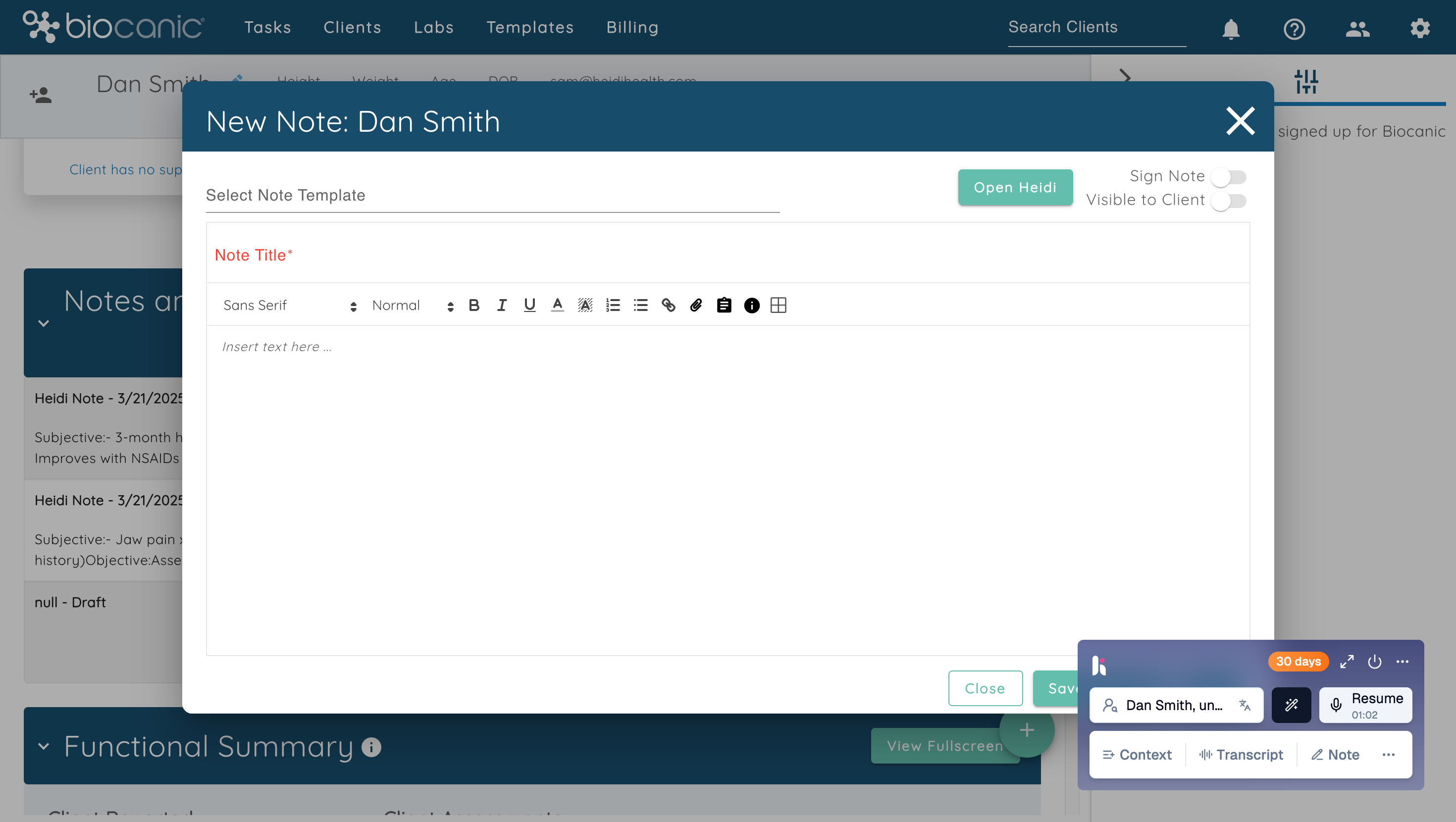 Biocanic client management system showing a "New Note" modal with a text editor and a small Heidi AI Scribe pop-up in the corner.