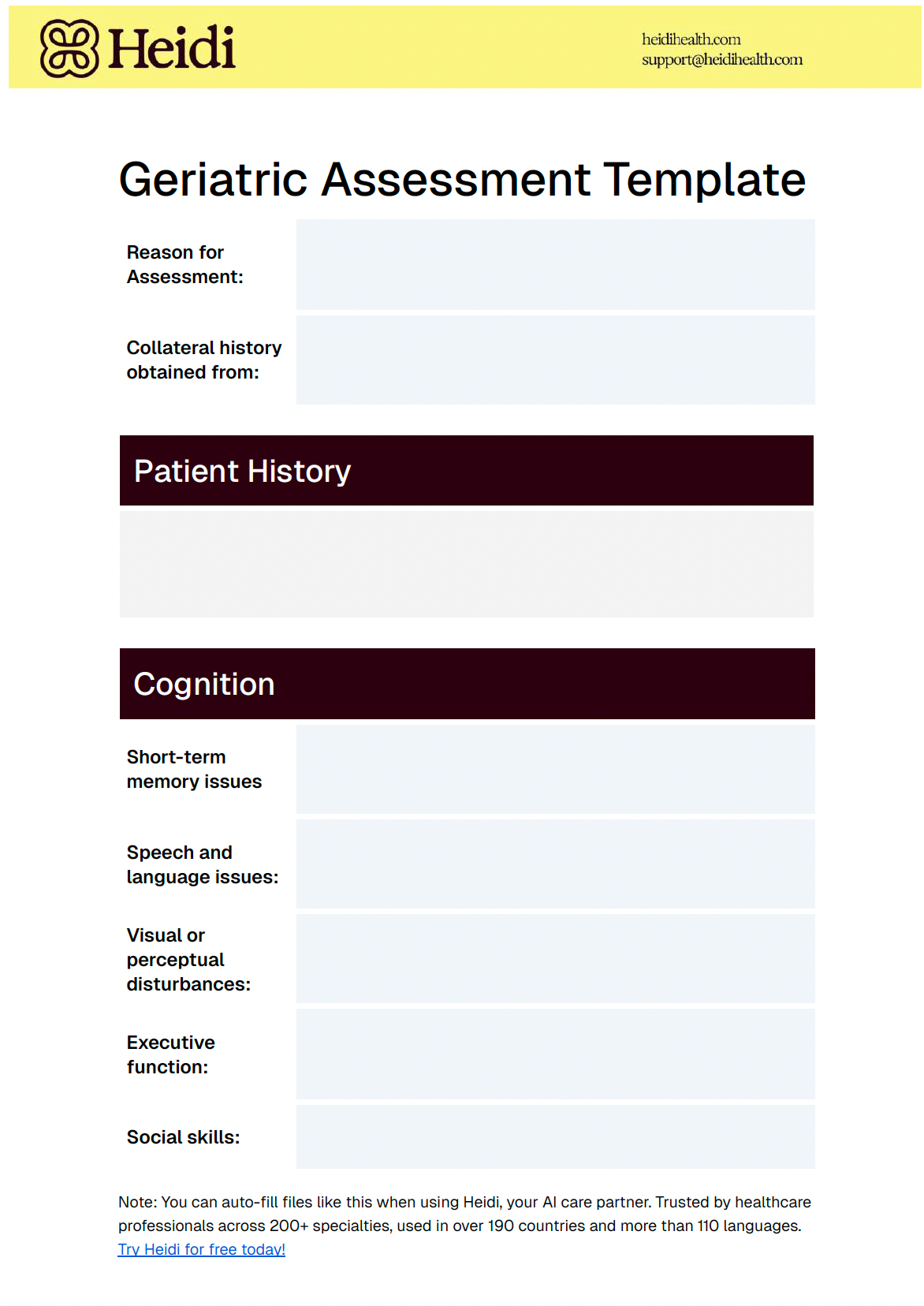 Geriatric Assessment Template form by Heidi, featuring sections for patient history and cognitive evaluation.