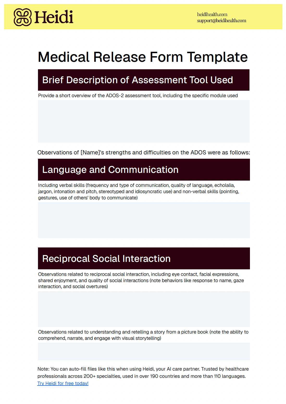 A Heidi Medical Release Form Template with sections for ADOS-2 assessment, language, and social interaction observations.
