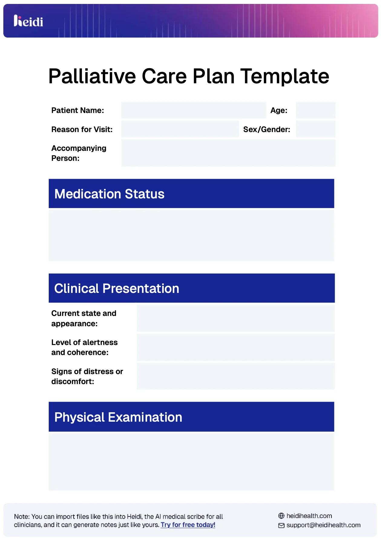 palliative care plan template example