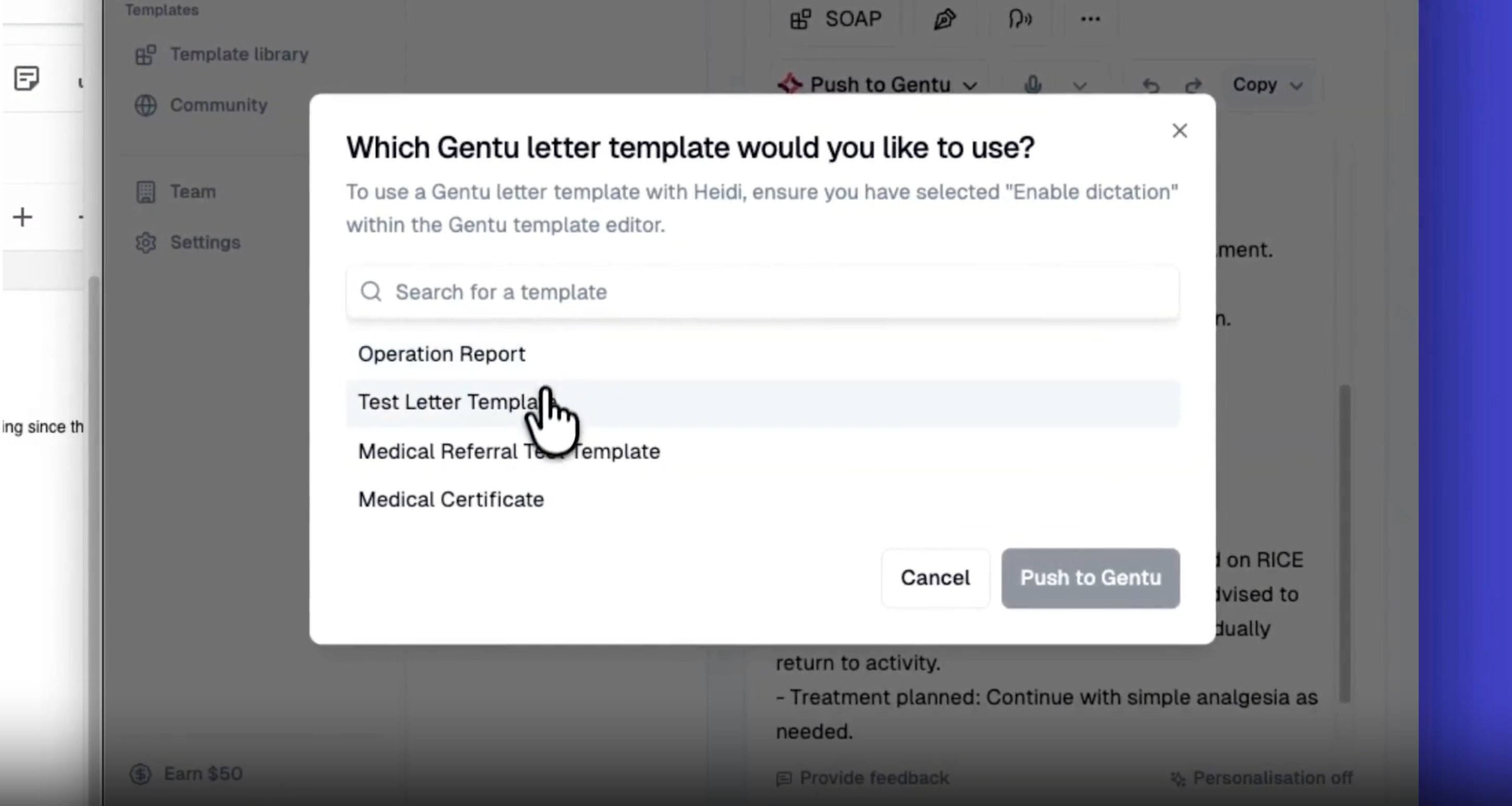 A pop-up window shows a list of Gentu letter templates, with "Test Letter Template" highlighted.