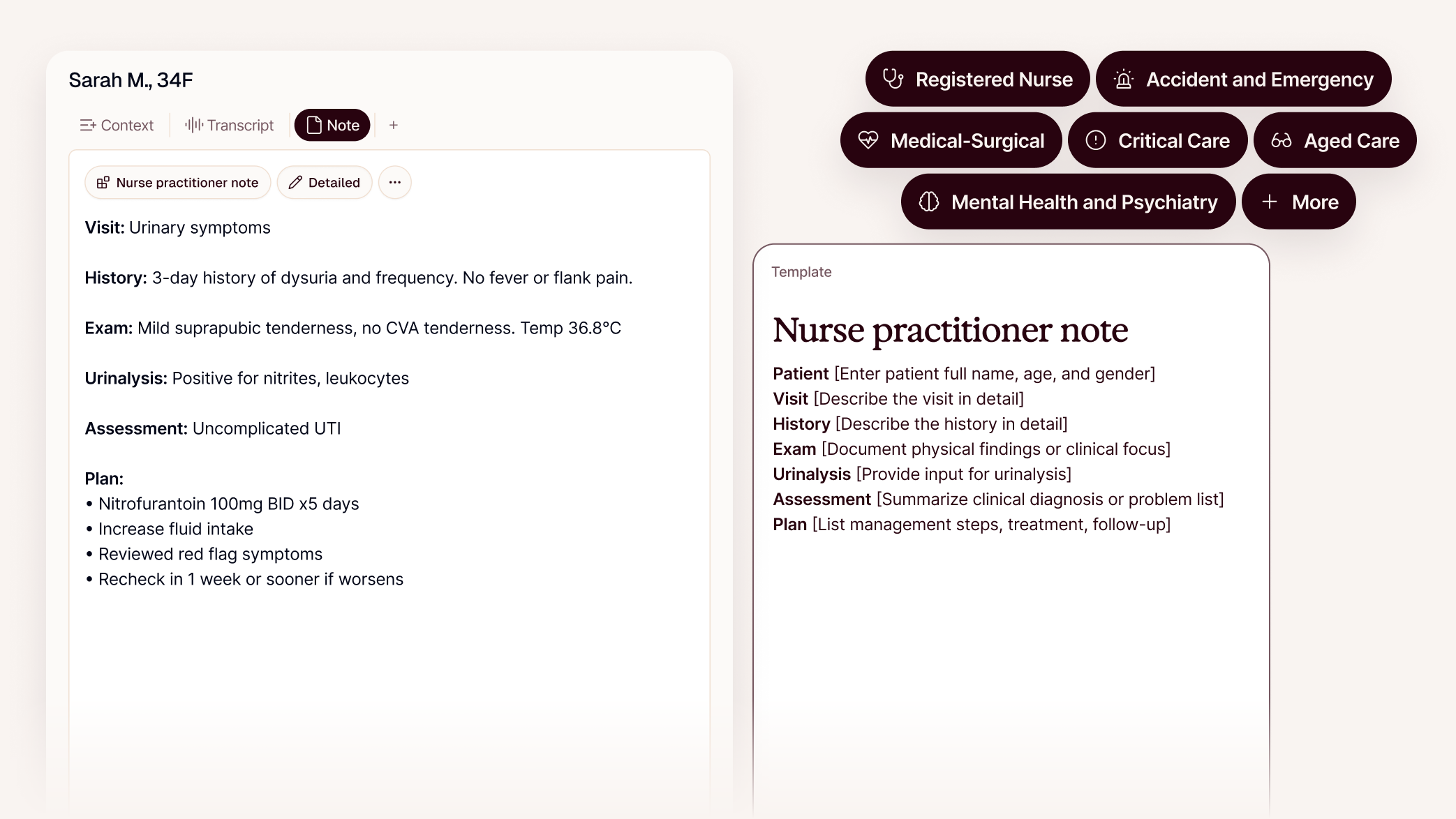 A digital medical interface showing a completed nurse practitioner note for a UTI patient, alongside a note template and medical specialty tags.