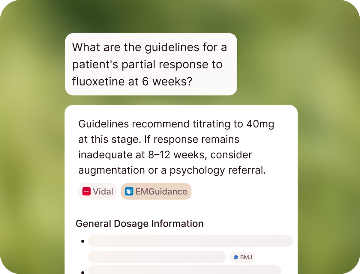 Heidi's Evidence feature answering a clinical question about a partial response to fluoxetine at six weeks, with the answer citing Vidal, EMGuidance and BMJ inline