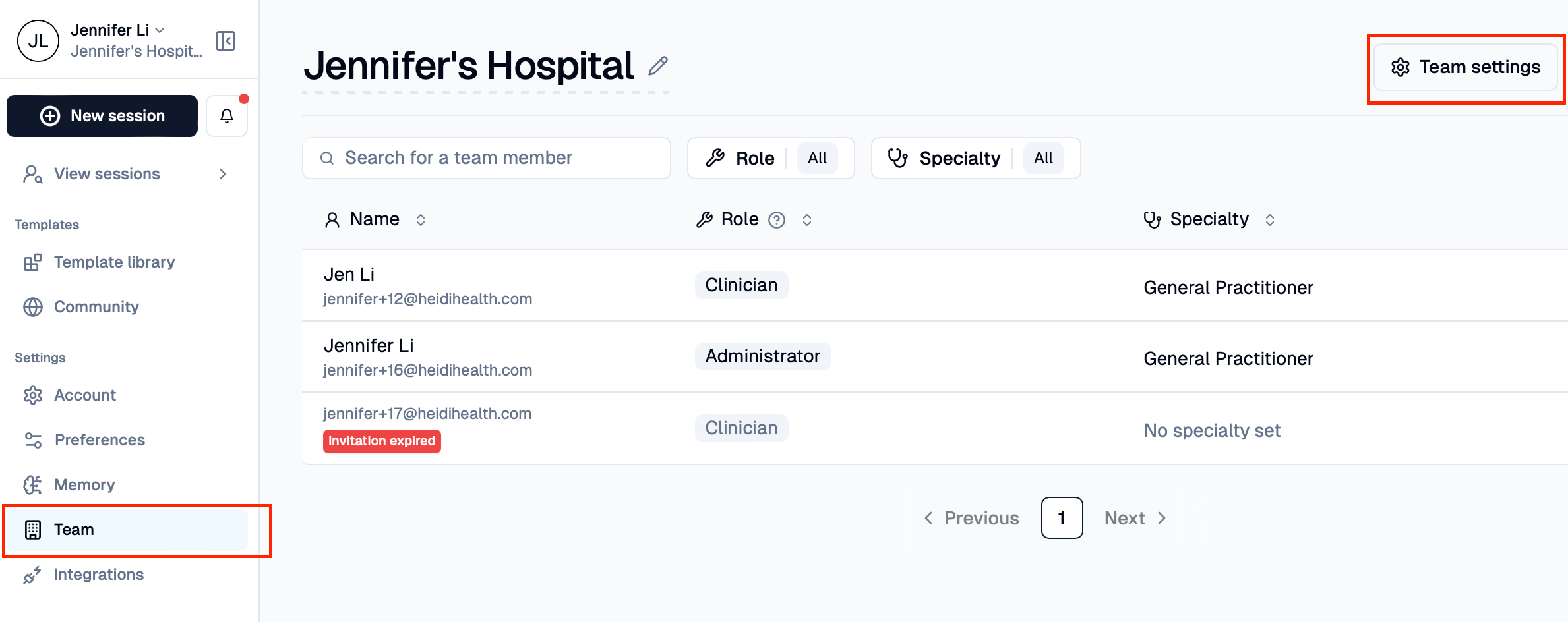 A web application's "Team" page for Jennifer's Hospital, displaying a list of team members, their roles, and specialties. The "Team" navigation item and "Team settings" button are highlighted.