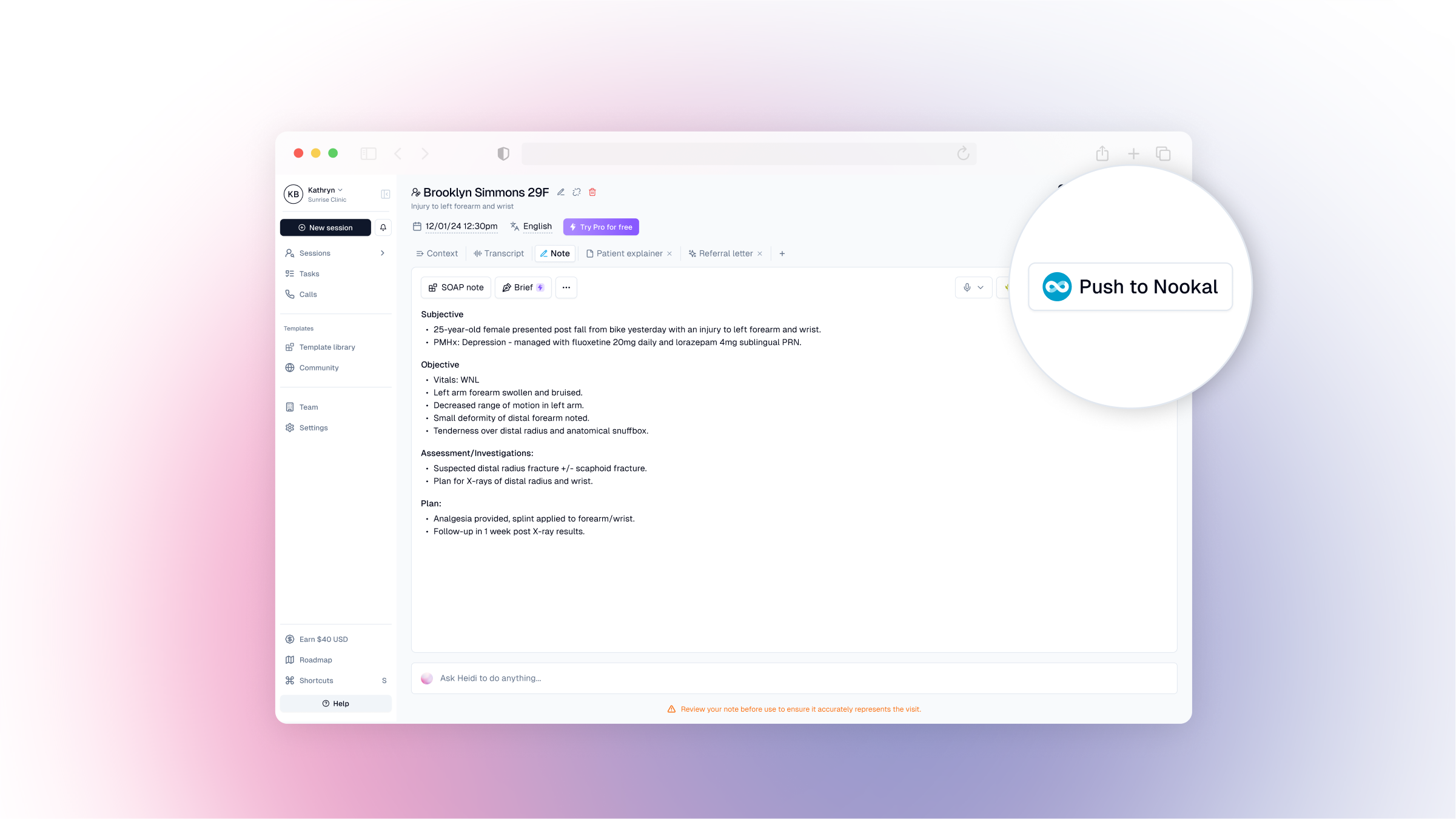 The Nookal application displaying a patient's medical record with a prominent "Push to Nookal" button.