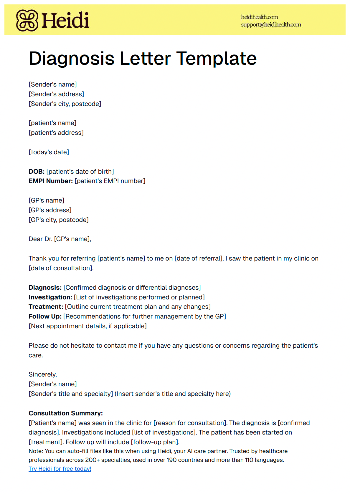 A template for a medical diagnosis letter from Heidi.