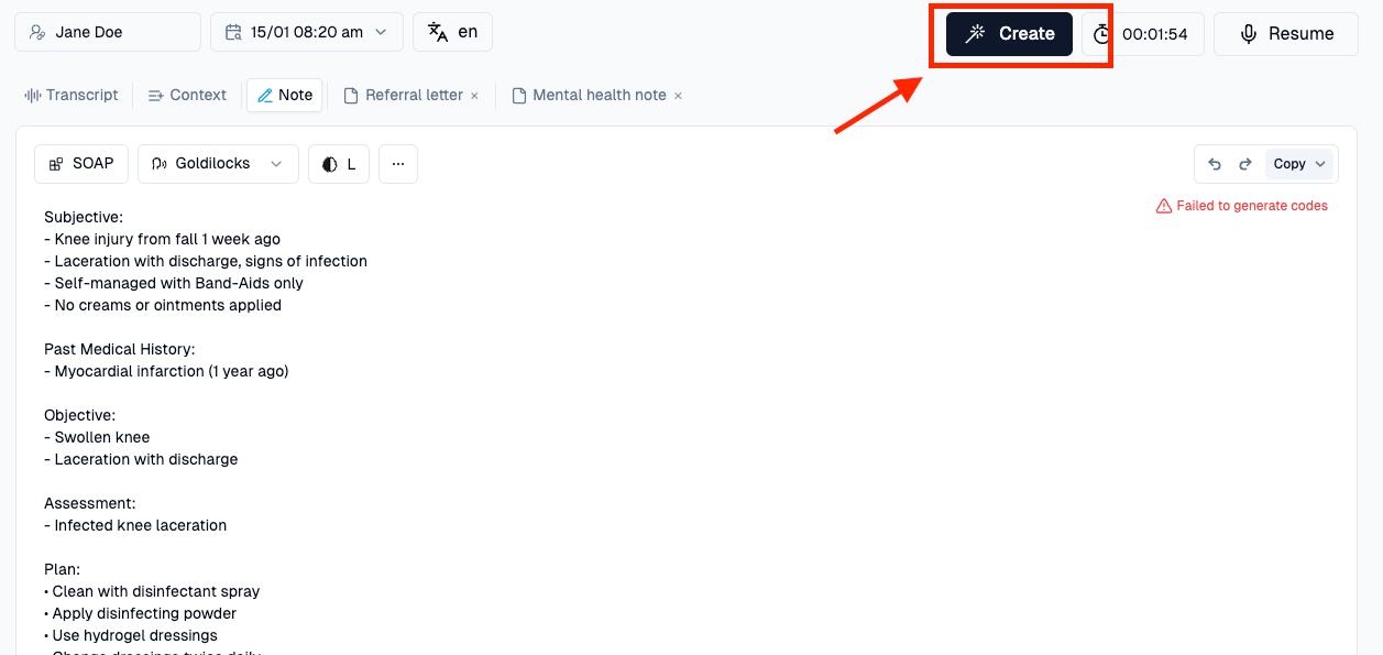 Medical note interface with a patient's SOAP note content and a red arrow pointing to the "Create" button.