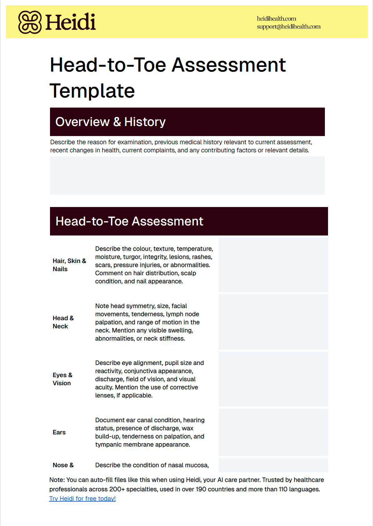 A digital medical form titled "Head-to-Toe Assessment Template" from Heidi, showing sections for patient overview, history, and detailed head-to-toe physical examination notes.